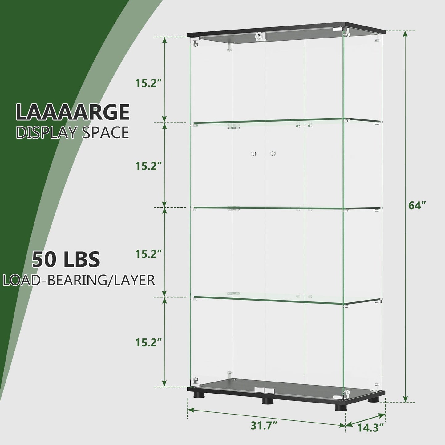 Modern Glass Display Cabinet With 4 Shelf Double Doors And Lock, Tempered Glass Bookshelf For Living Room - Black Home Essentials