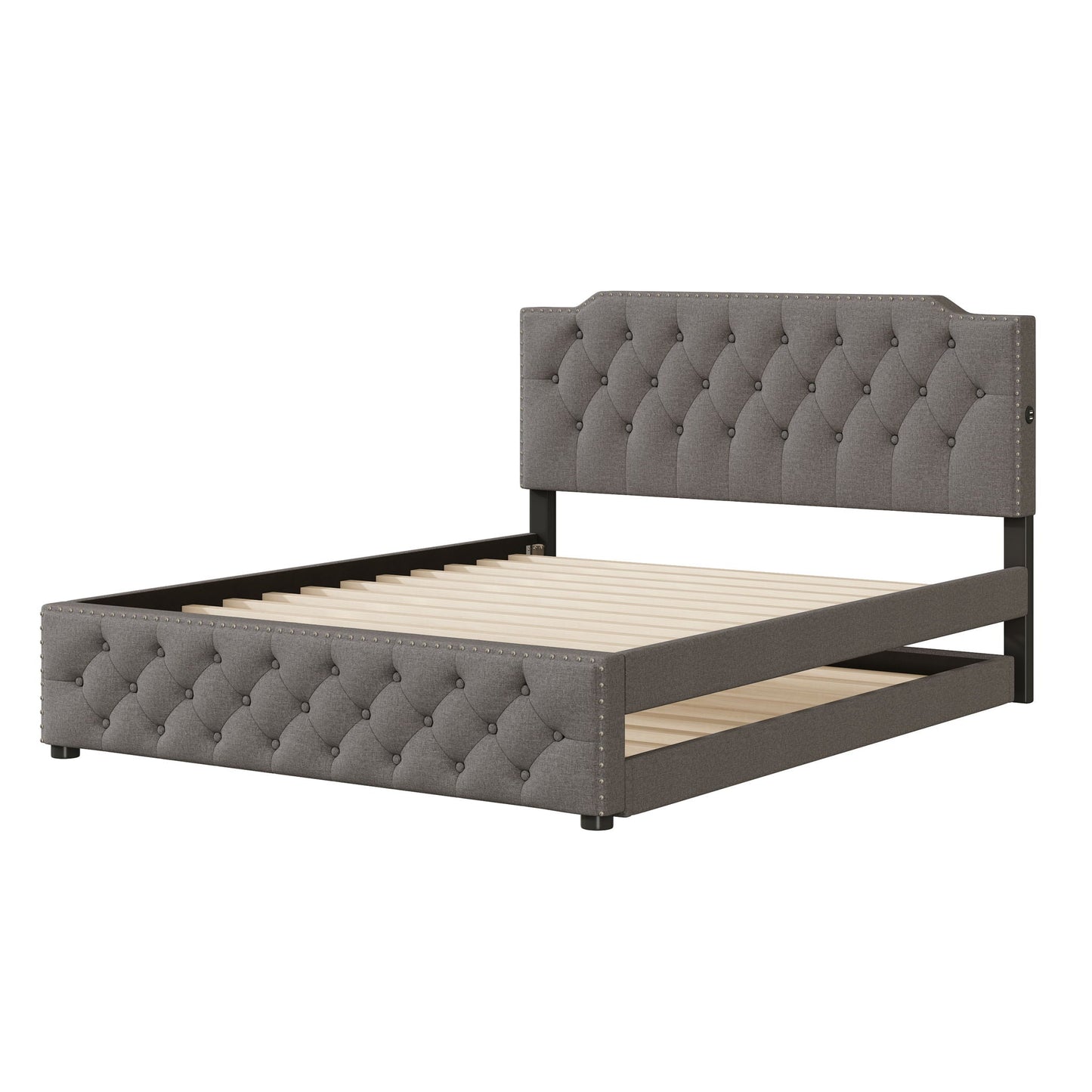 Upholstered Platform Bed With Trundle And 2 Sets Of USB Ports On Each Side, Linen Fabric Halcyon Home
