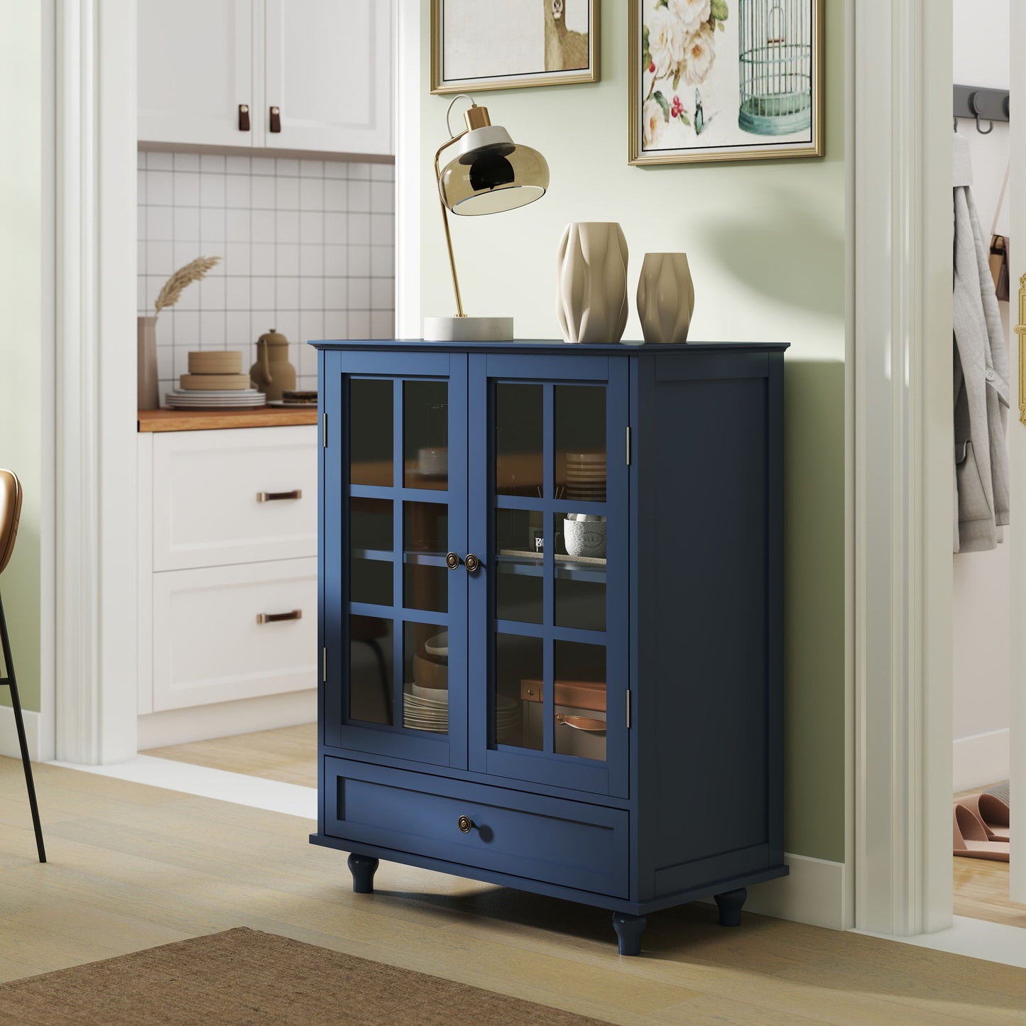 Minimalist Buffet Cabinet With Double Glass Doors And Drawer Home Essentials