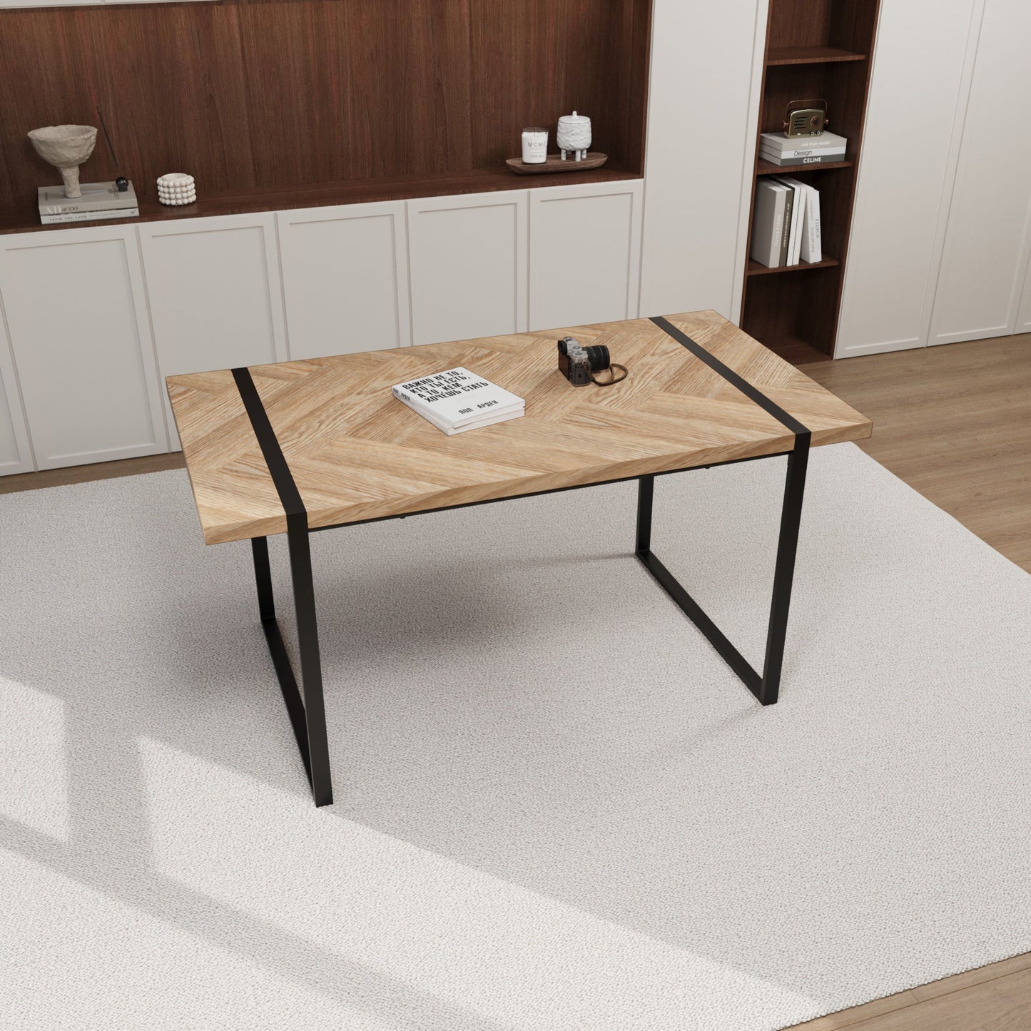 Modern Industrial Dining Table 59" Rectangular Light Wood With Metal Legs For 4 - 6 People - Natural Wood Home Essentials