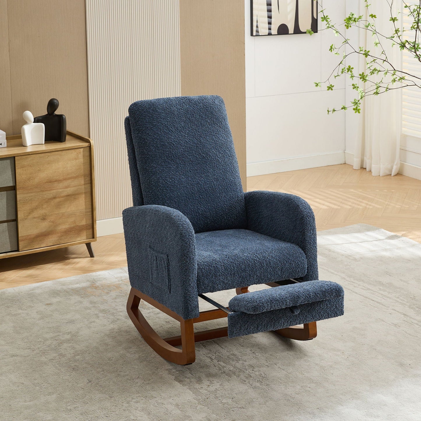 High Back Glider Rocking Chair With Retractable Footrest And Rubber Wood Legs Home Essentials
