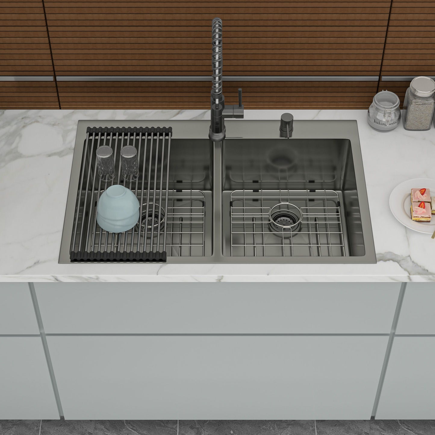 Double Bowl Drop In Kitchen Sink 33" X 22" With 16 Gauge Stainless Steel And 2 10" Deep Basins - Gunmetal Black Daily Nest