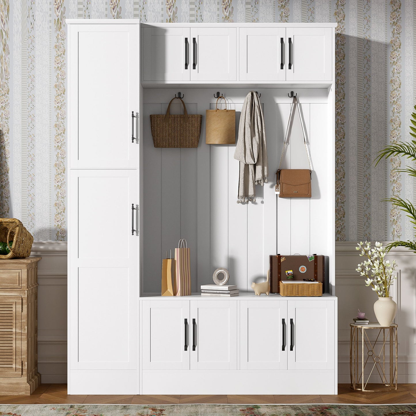 Tall Hall Tree With Shoe Storage, 4 In 1 Entryway Bench With 6 Cabinets, 4 Coat Hooks & Adjustable Shelf For Hallway - White Hearth and Haven