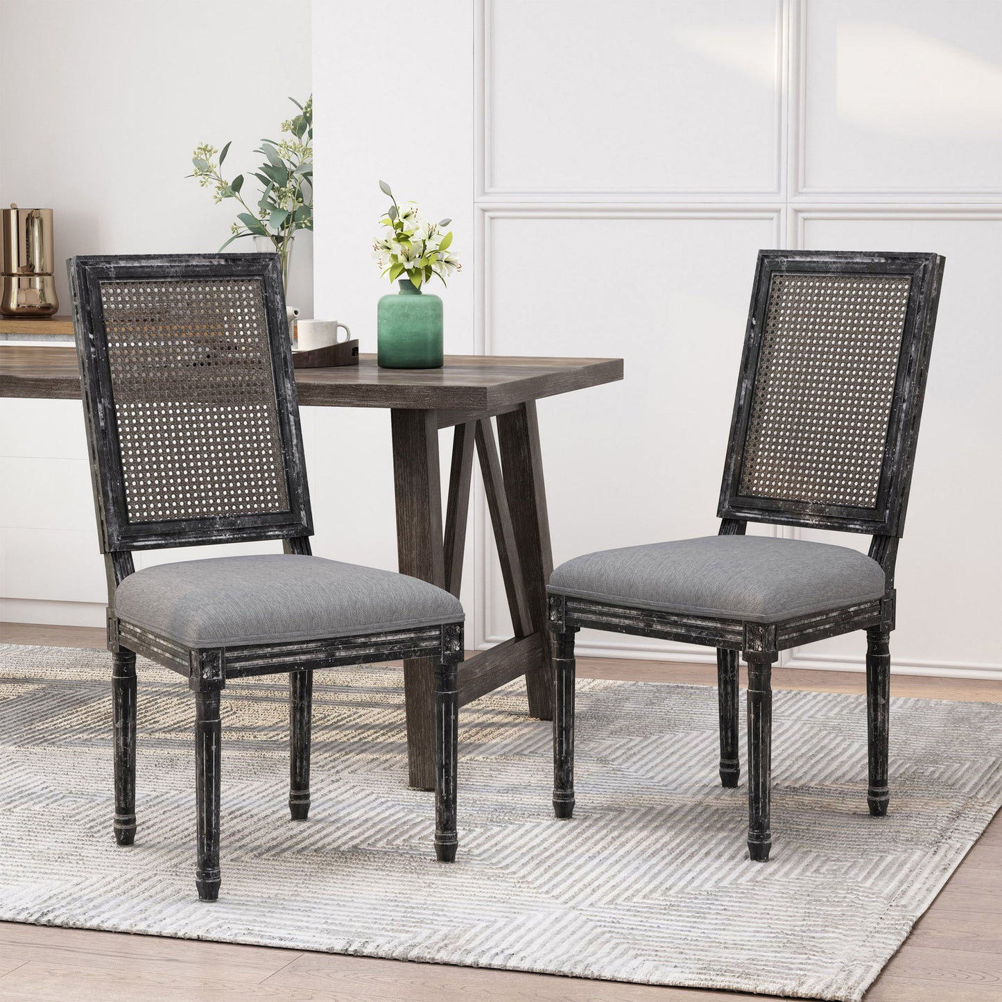 French Country Dining Chair With Rectangular Cane Backrest And Smooth Upholstered Seating Noble House