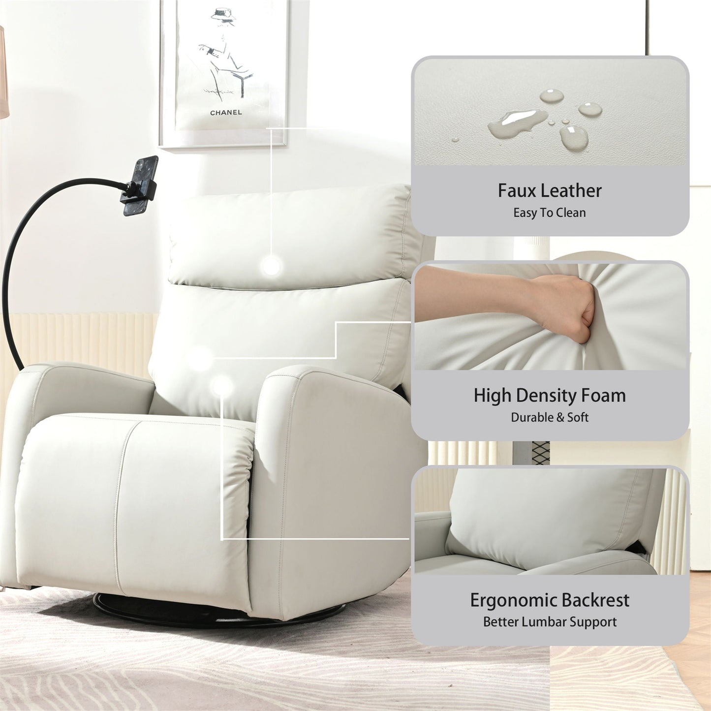 Rocking Recliner Chair, 360 Degree Swivel Nursery Rocking Chair, Glider Chair, Modern Small Rocking Swivel Recliner Chair For Bedroom, Living Room Chair Home Theater Seat, Phone Holder - Light Gray Home Essentials