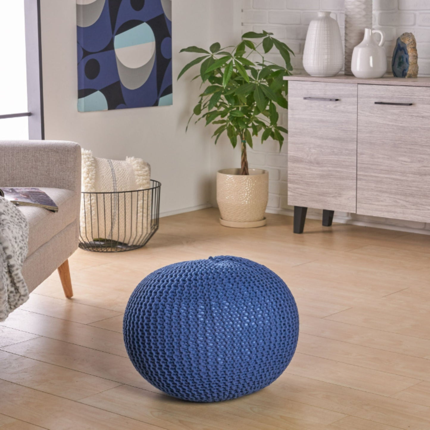 Bordeaux - Knitted Cotton Round Pouf, Versatile Ottoman And Floor Cushion Home Essentials