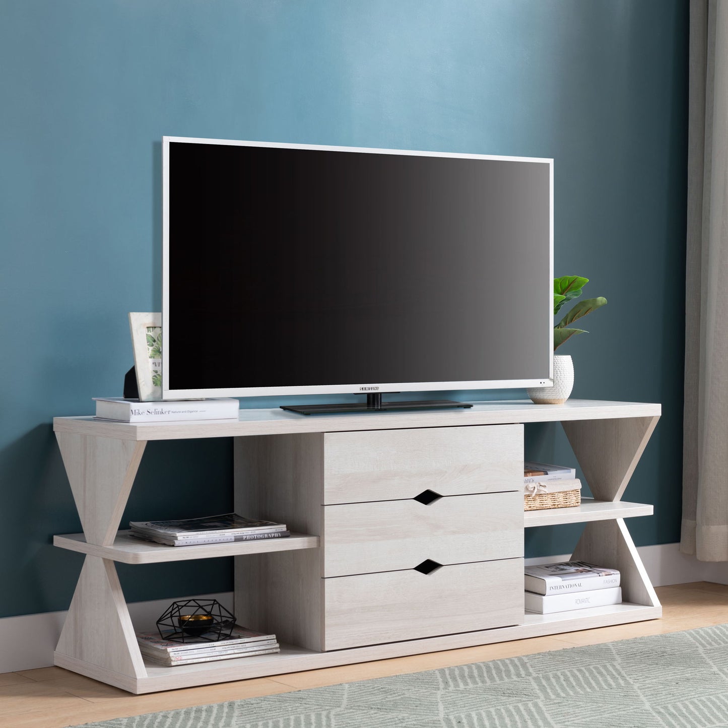 Modern TV Stand With Four Open Shelves And Three Storage Drawers - White Oak Home Essentials