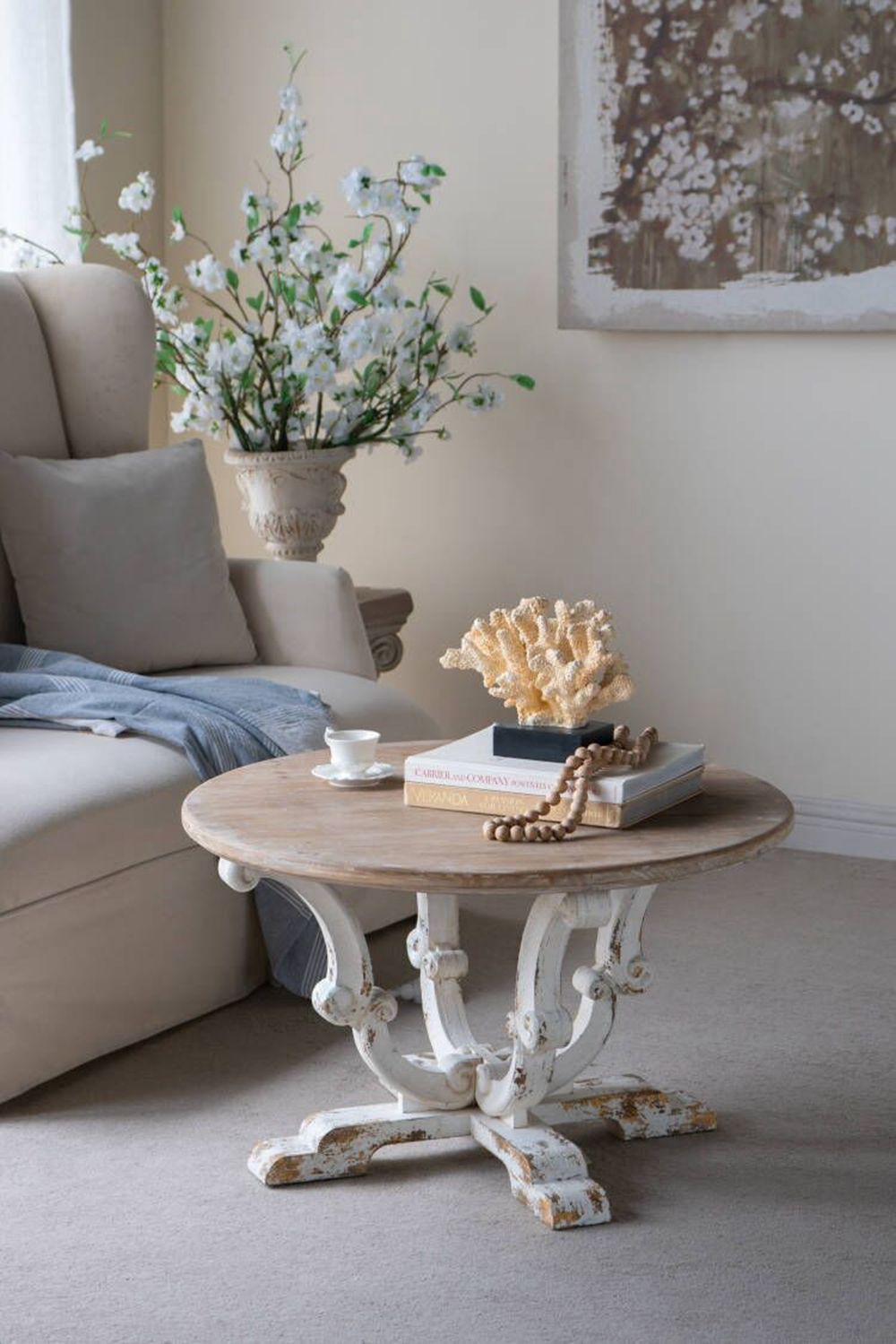 Round Wooden Coffee Table With Distressed Scrollwork Legs - Multicolor Home Essentials