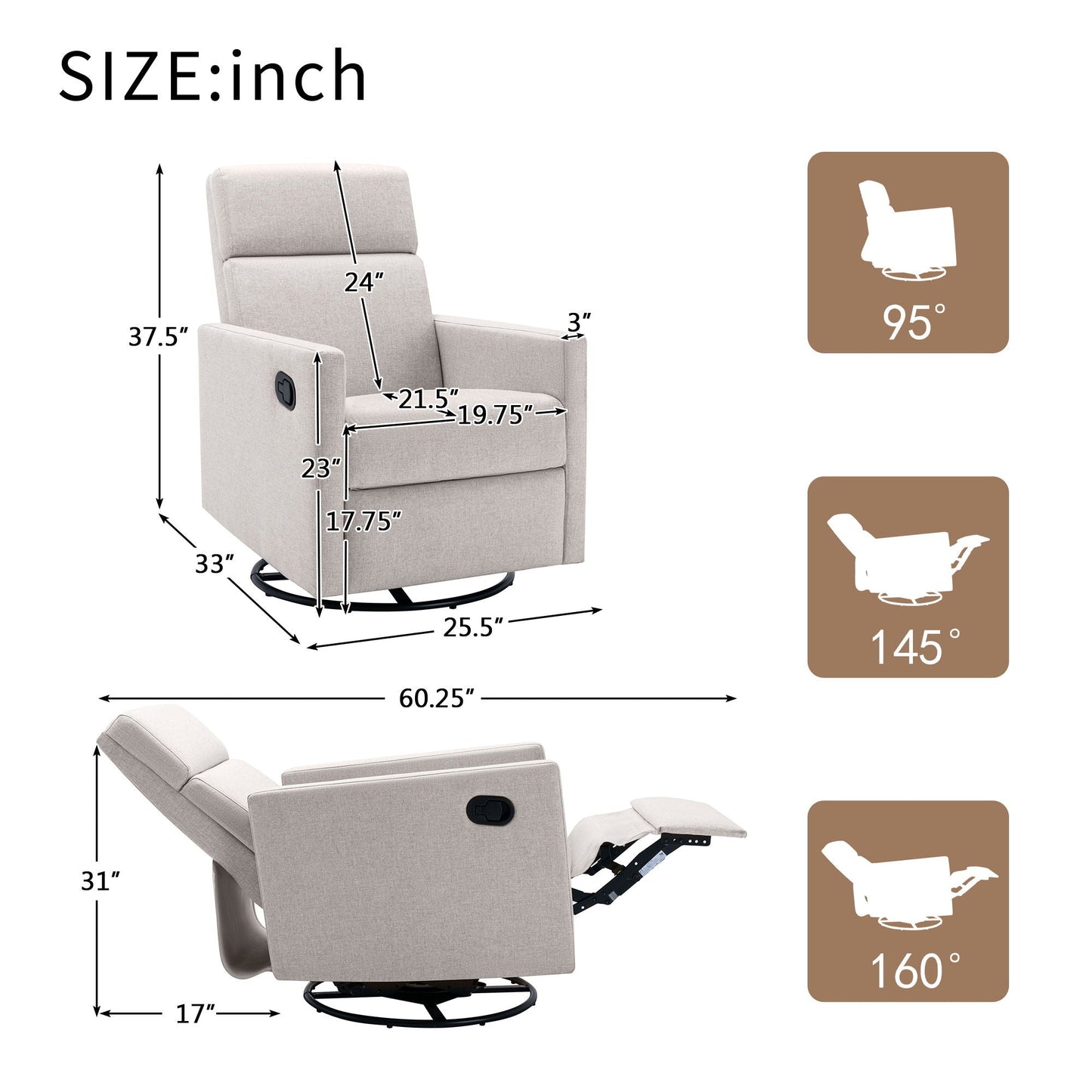 Modern Upholstered Rocker Nursery Chair Plush Seating Glider Swivel Recliner Chair Hearth and Haven