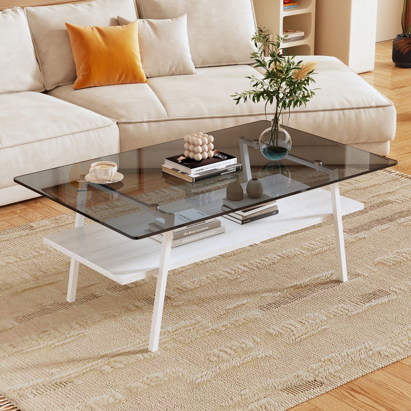 Rectangle Coffee Table, Tempered Glass Tabletop With Metal Legs Home Essentials