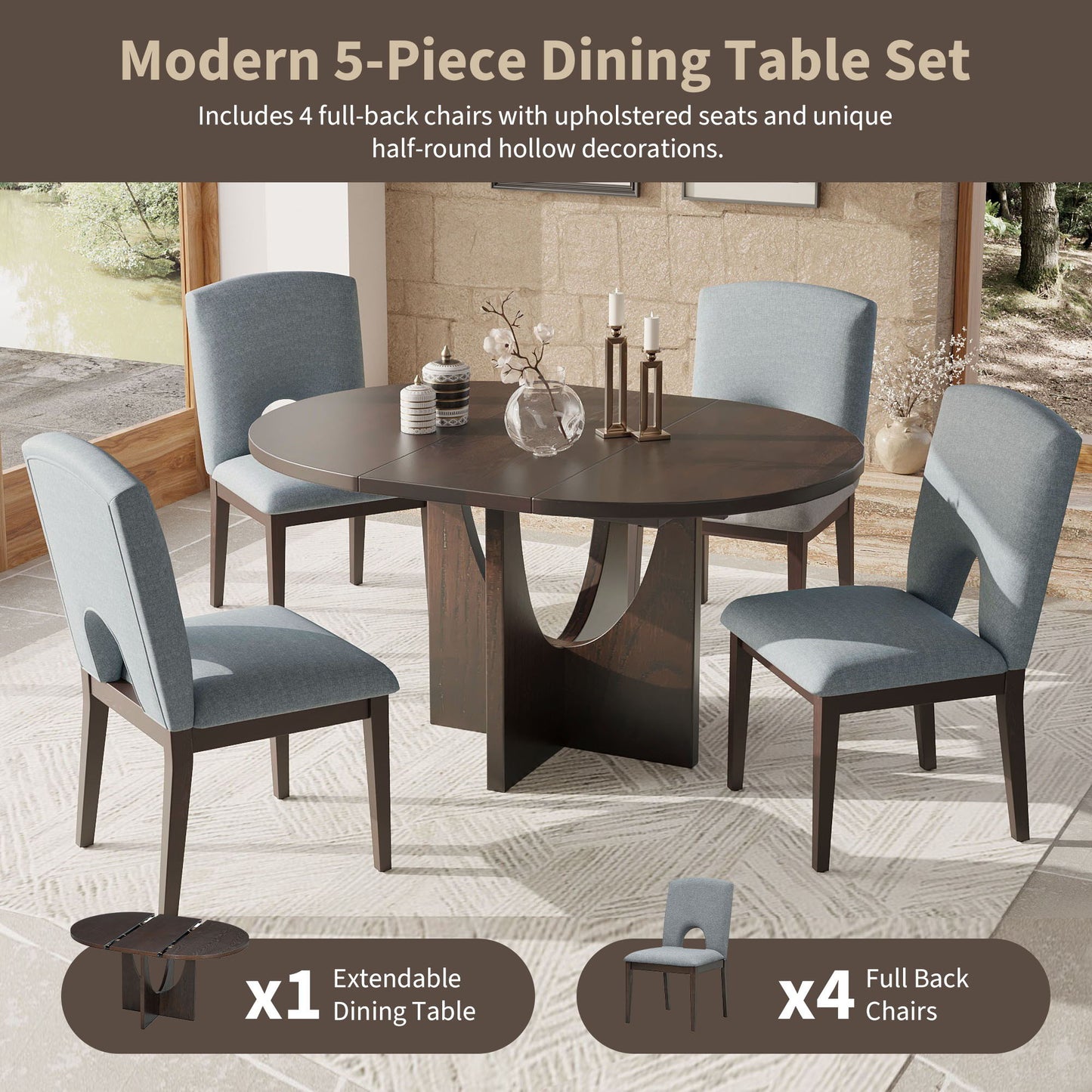 Topmax - 5 Piece Modern Extendable Round Dining Table Set With Removable Leaf For Small Places Hearth and Haven