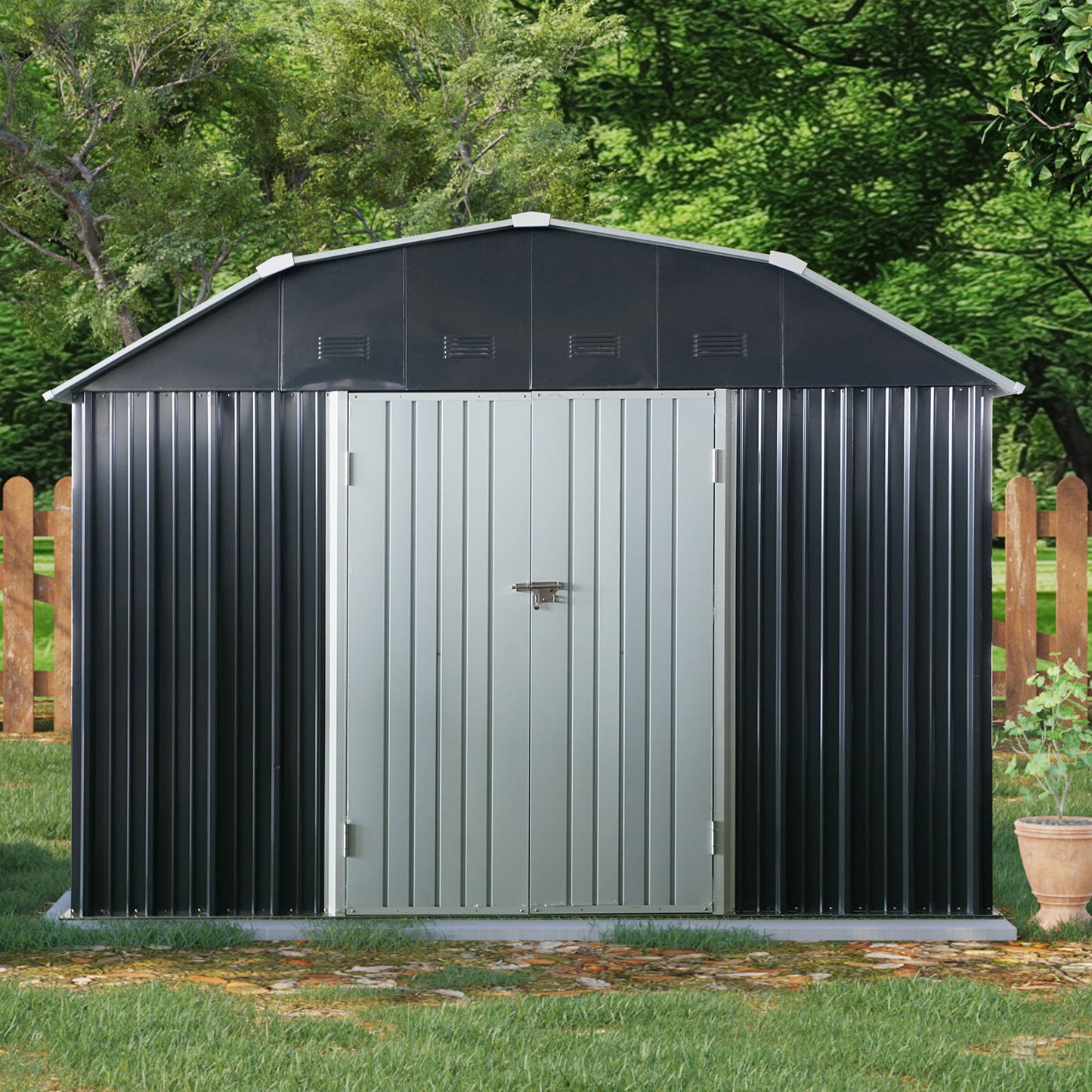 10 Ft X 12 Ft Outdoor Metal Storage Shed With Arch Roof With Lockable Doors For Backyard Garden Patio Lawn - Black Daily Nest