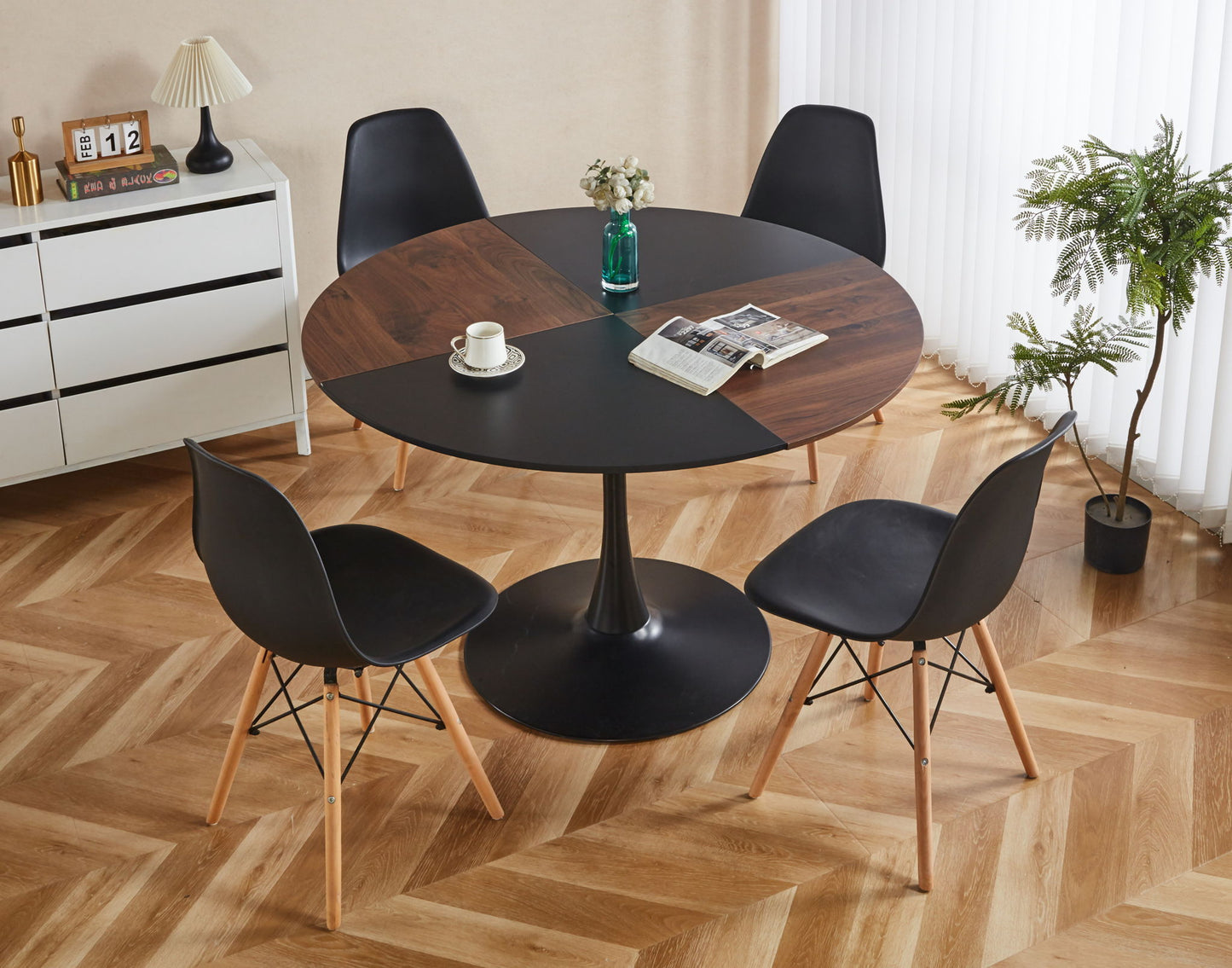 5 Pieces Dining Set, Table Metal Leg Mid-Century Dining Table For 4 - 6 People, Pedestal Dining Table, Table Leisure Coffee Table - Black Home Essentials