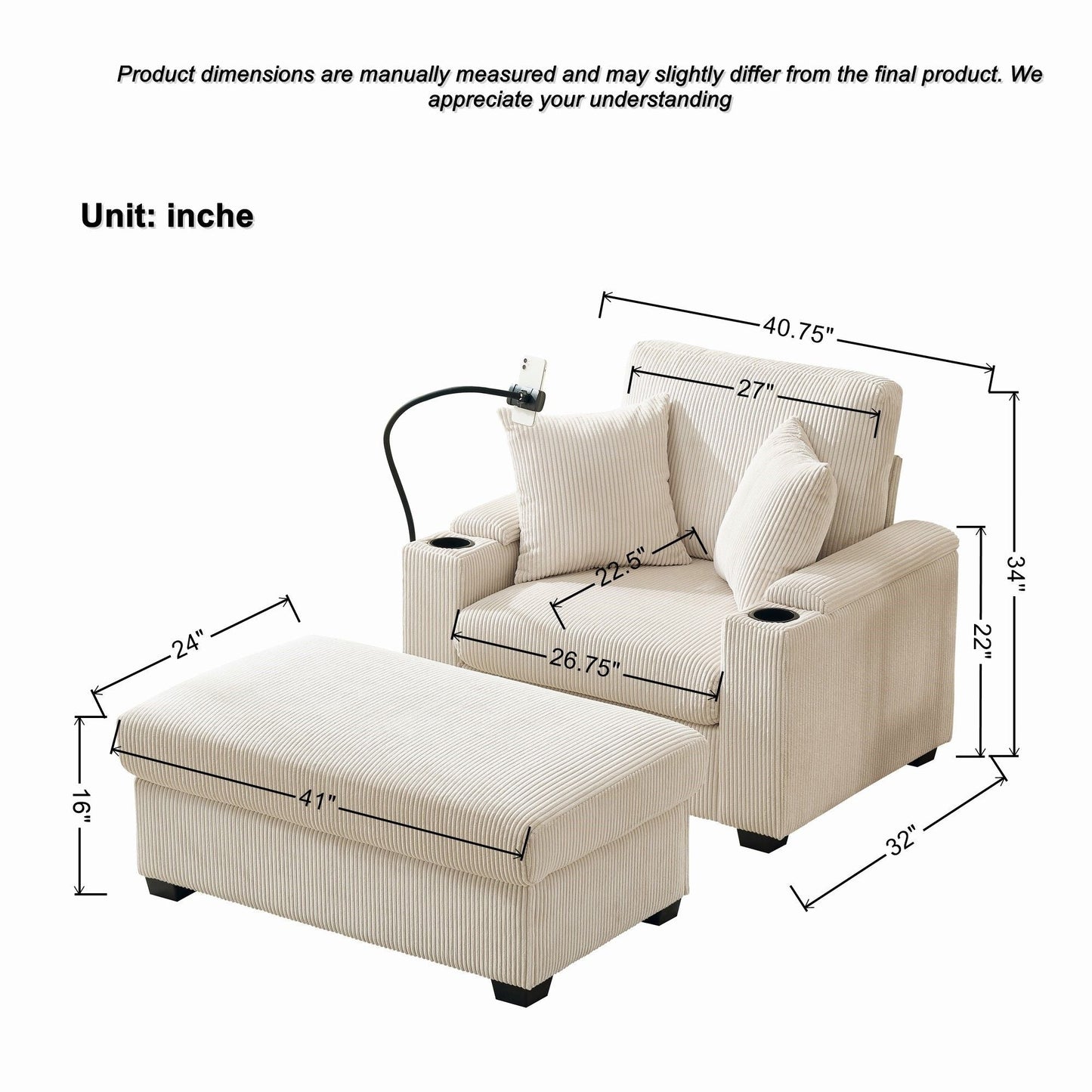 Oversized Chaise Lounge Chair With Ottoman And Storage Home Essentials