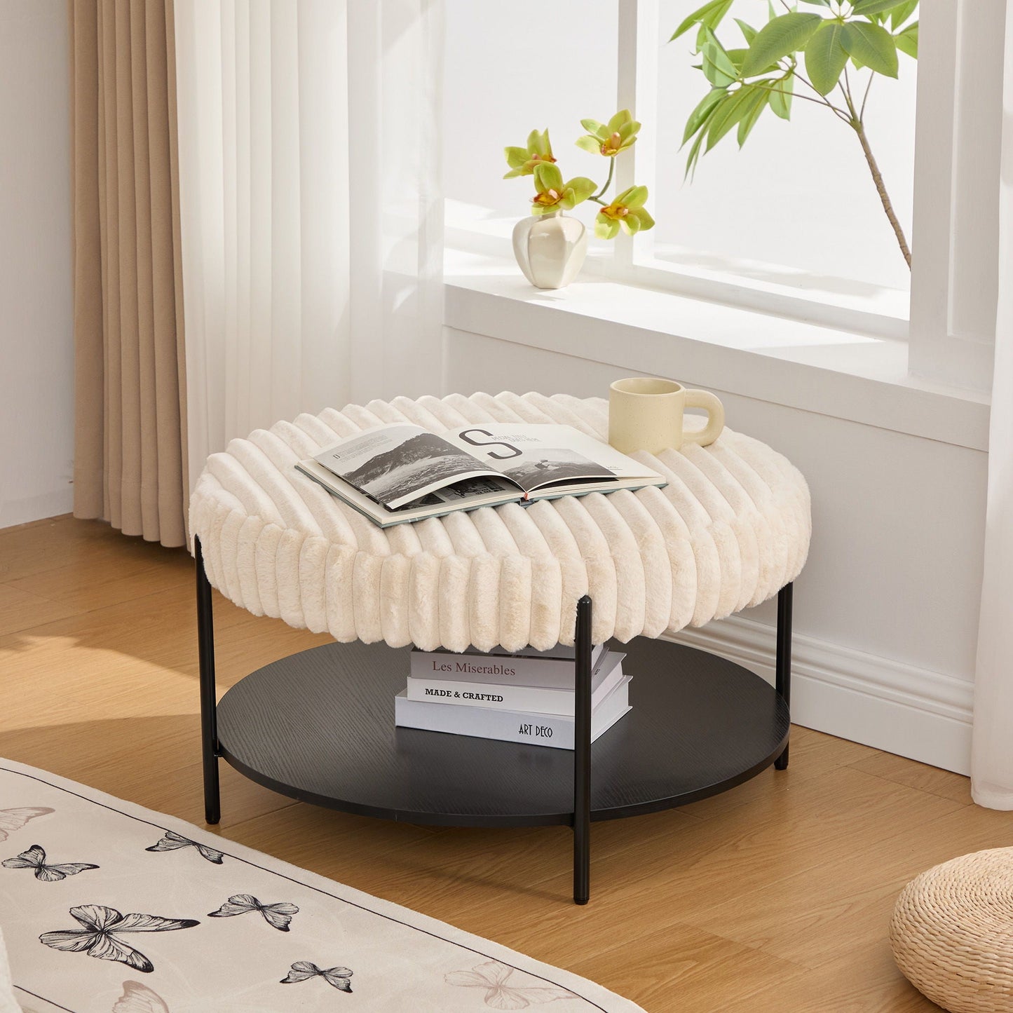 Modern Upholstered Round Ottoman Coffee Table With Storage Shelf Home Essentials