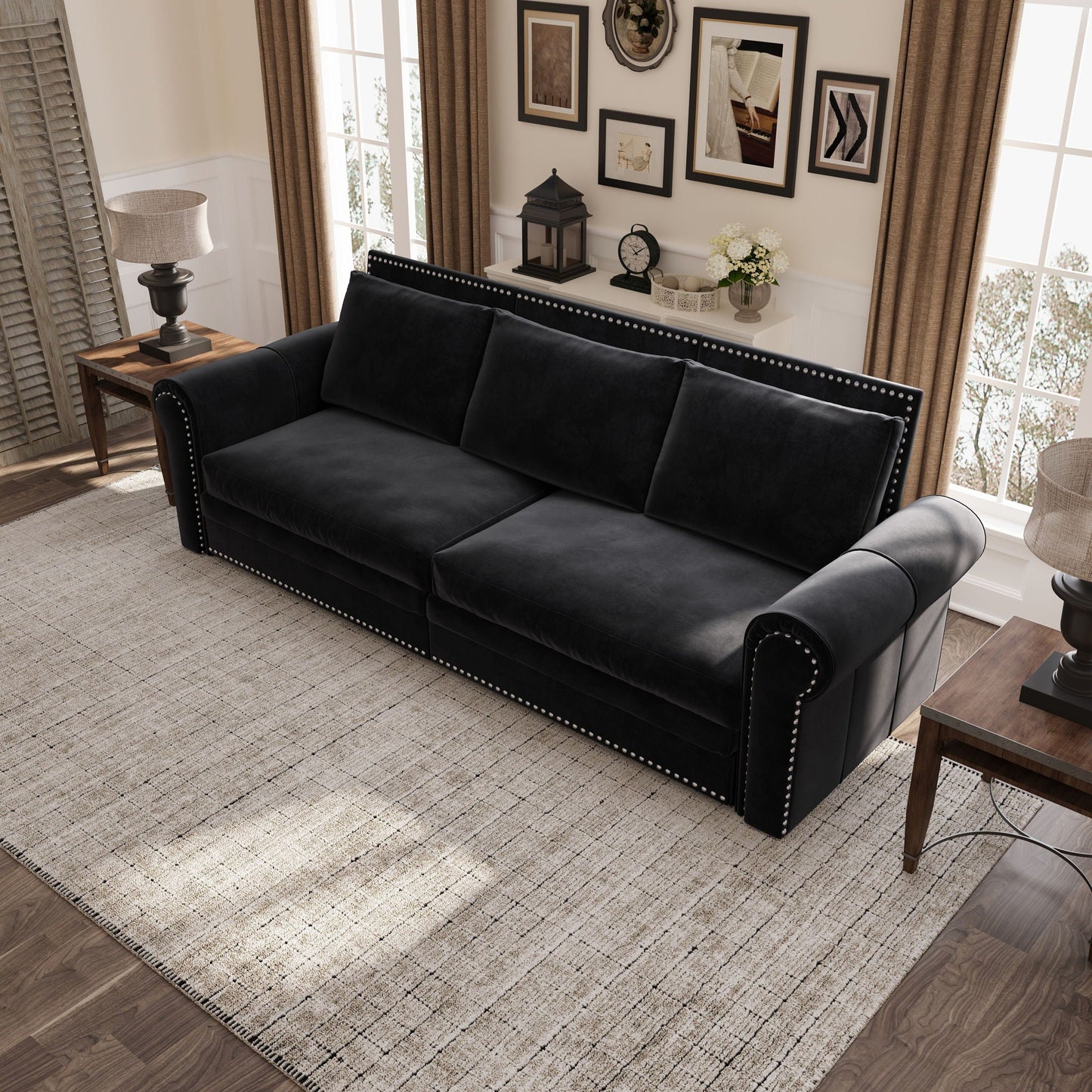 3 In 1 Convertible Sleeper Sofa With Nailhead Trim & Rolled Arm Home Essentials