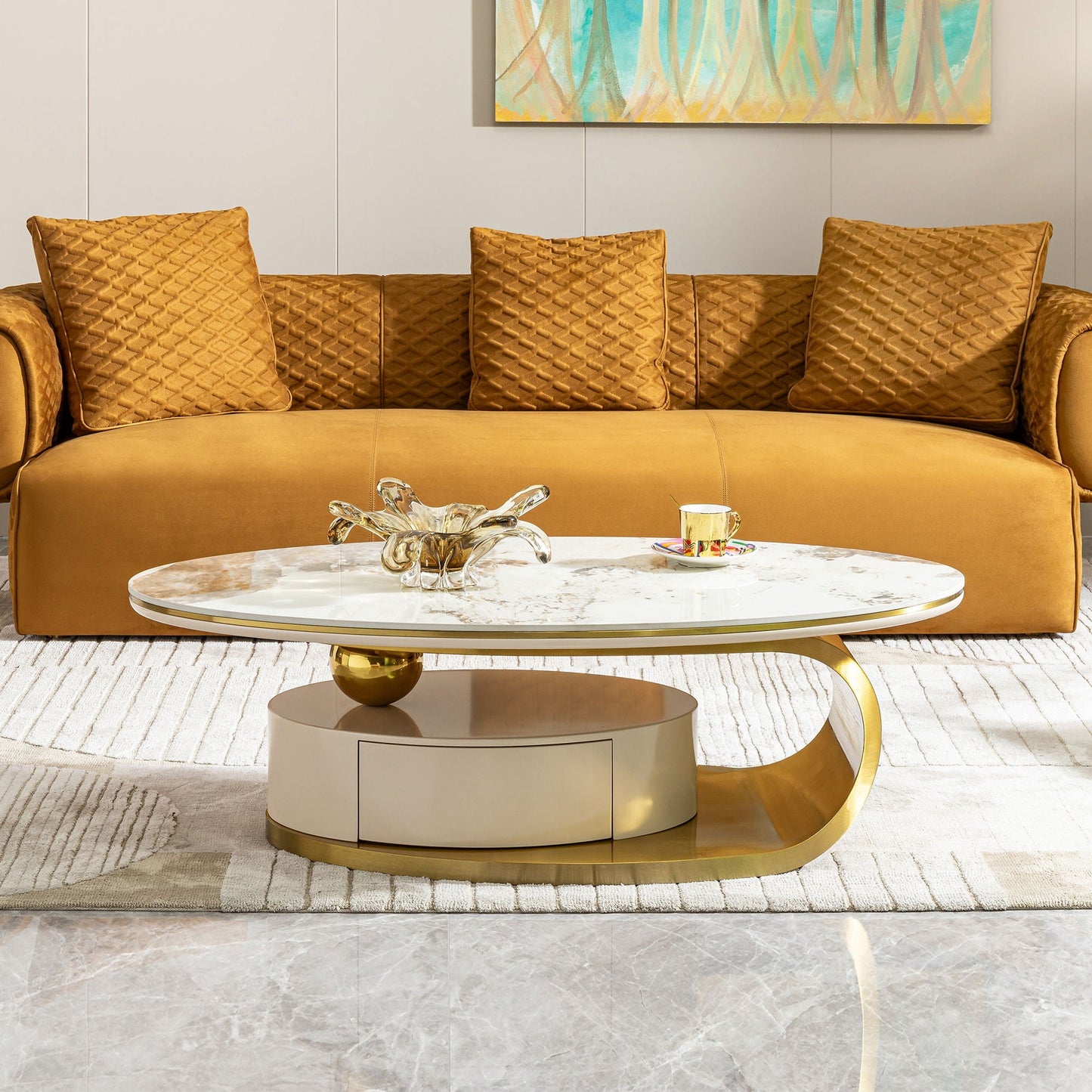 Modern Coffee Table Thick Sintered Stone Top With 2 Drawers Matt Stainless Steel Base - Gold Home Essentials