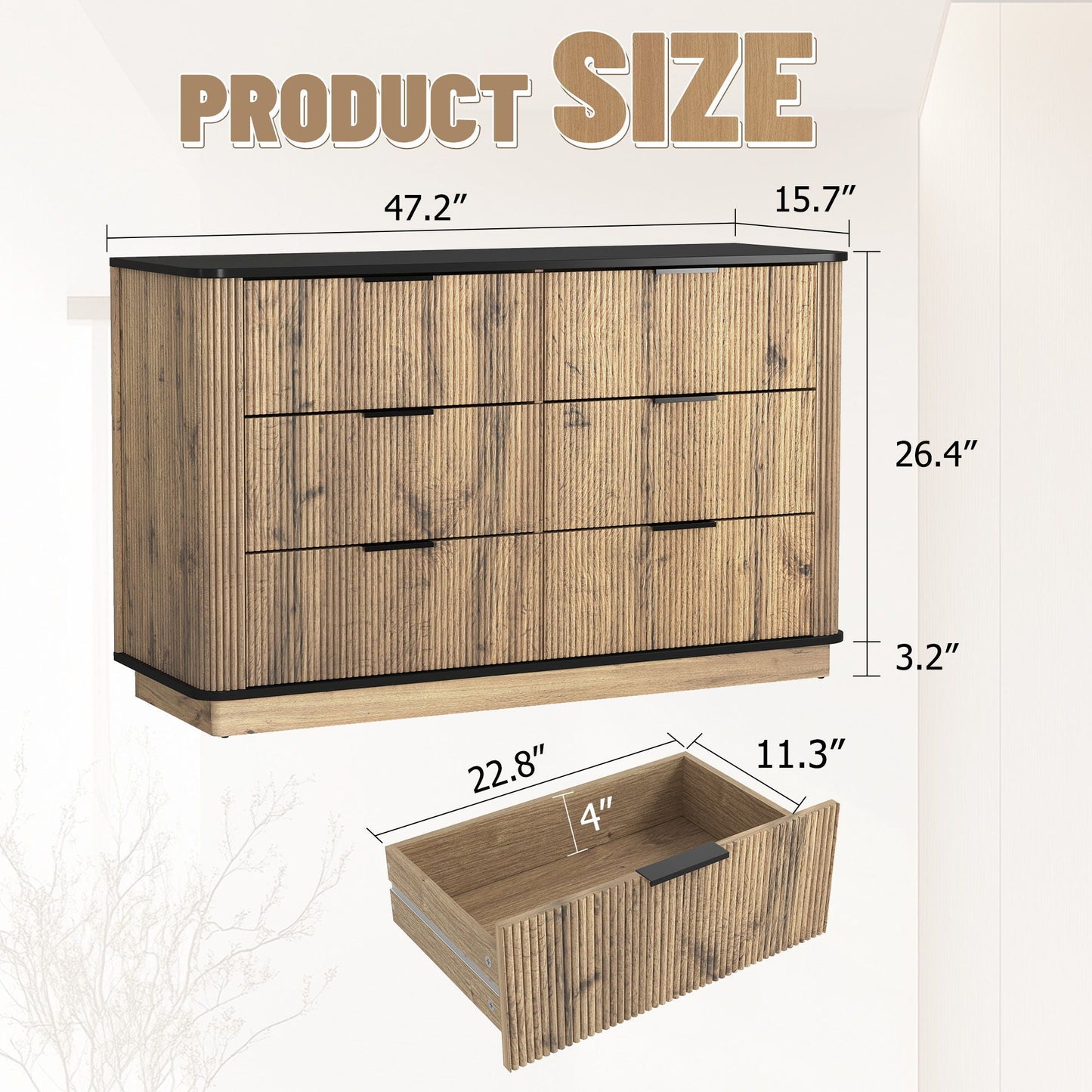 Modern 6 Drawer Cabinet With Metal Rounded Corners And Exquisite Handles Multi Functional Storage - Natural Wood Home Essentials