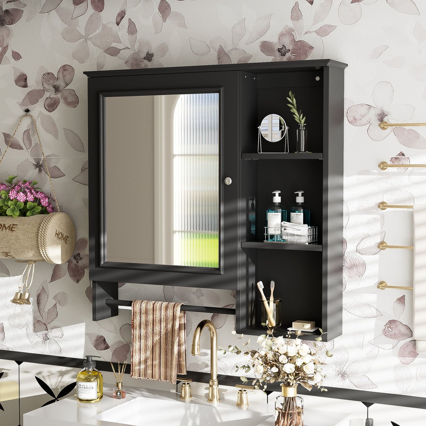 Wall Mounted Bathroom Storage Cabinet, Medicine Cabinets With Large Mirror Door, Adjustable Shelves And Three Open Storage Levels(Not Include Bathroom Vanity) Hearth and Haven