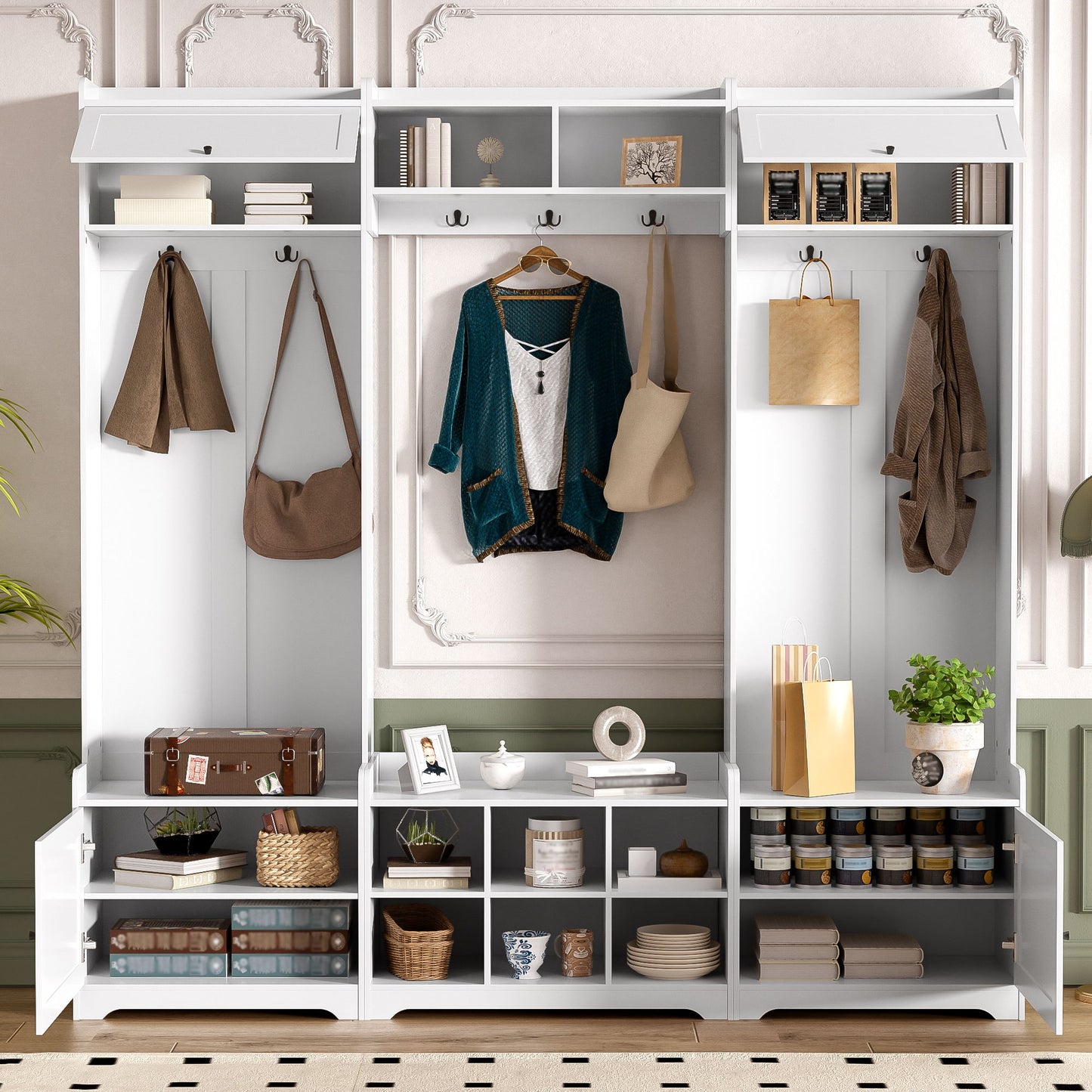 Wide Hall Tree With Shoe Storage, 4 In 1 Entryway Bench With 8 Cubbies, 7 Coat Hooks & Adjustable Shelf For Hallway - White Hearth and Haven