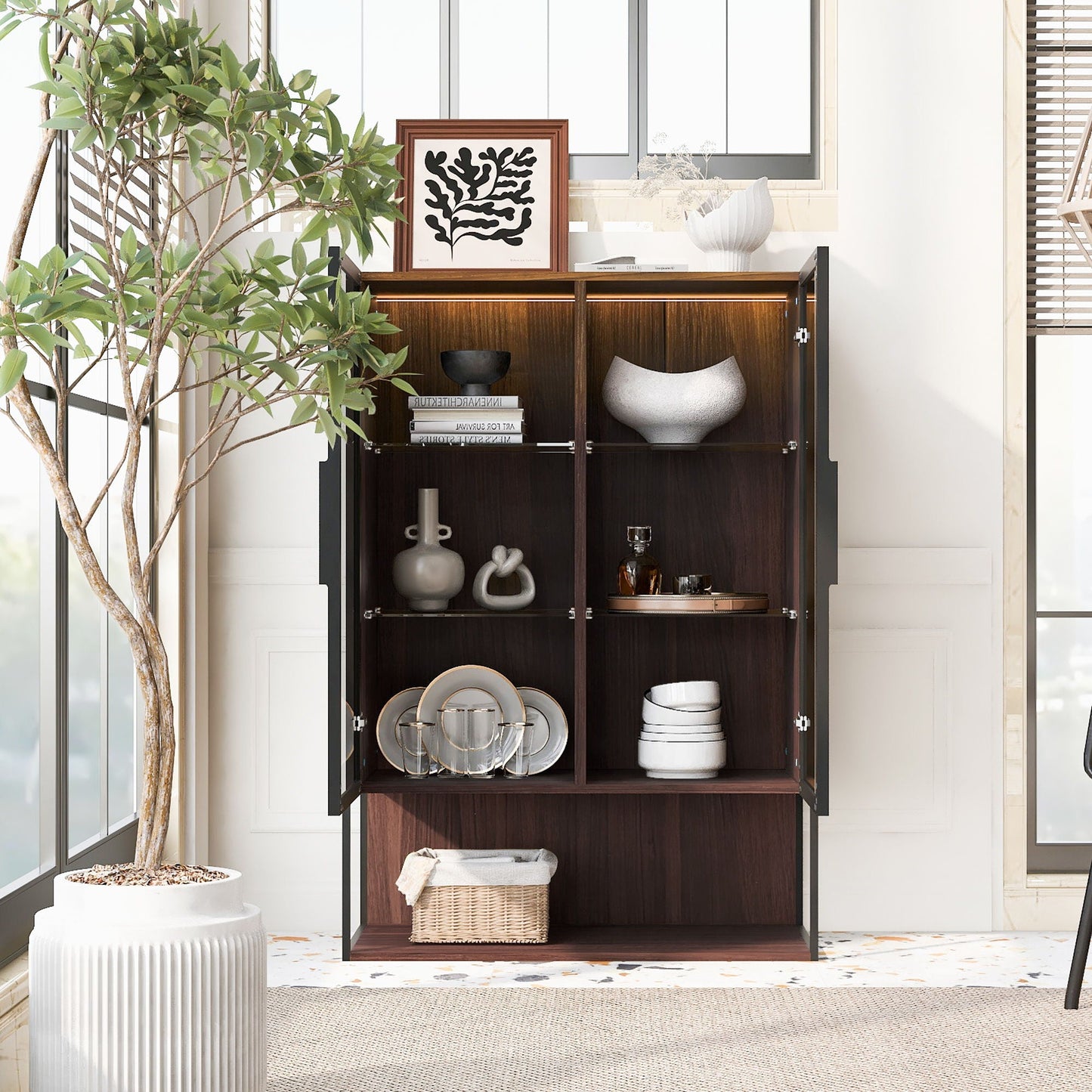 Modern Minimalist Tall Lighted Display Cabinet With Tempered Glass Door - Black / Dark Walnut Hearth and Haven