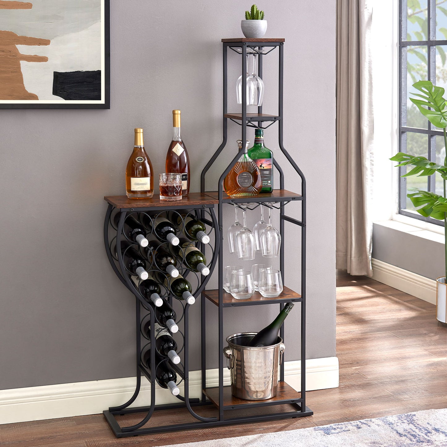 11 Bottle Wine Bakers Rack, 5 Tier Freestanding Wine Rack With Hanging Wine Glass Holder And Storage Shelves, Wine Storage Home Bar For Liquor And Wine Storage for Kitchen, Dining Room Home Essentials