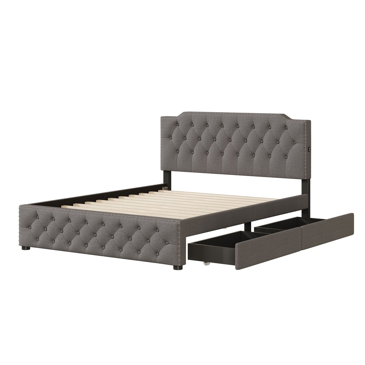 Upholstered Platform Bed With 2 Drawers And 2 Sets Of USB Ports On Each Side, Linen Fabric Halcyon Home