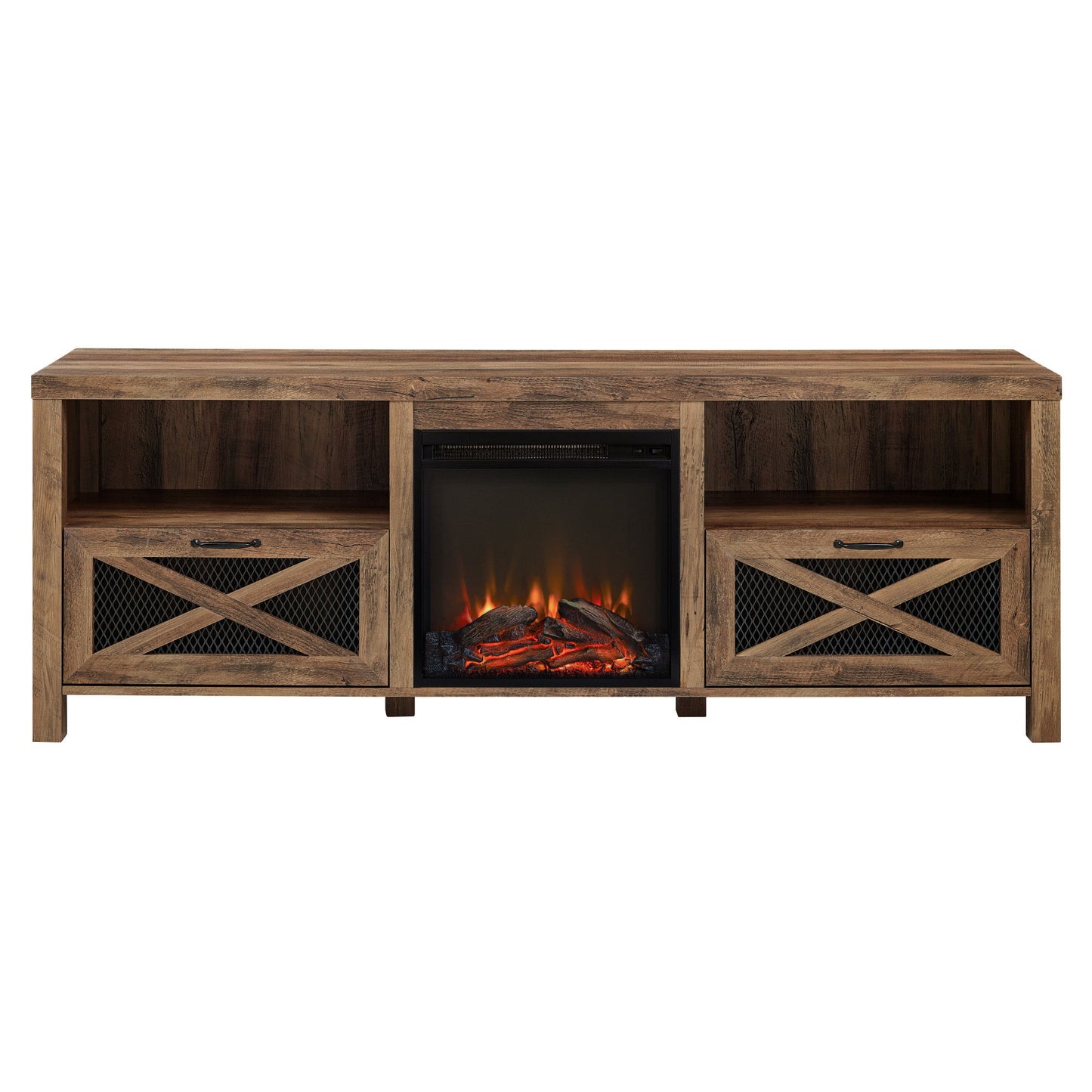 Industrial Farmhouse Metal Mesh Drop Down X Door Fireplace TV Stand Walker Edison