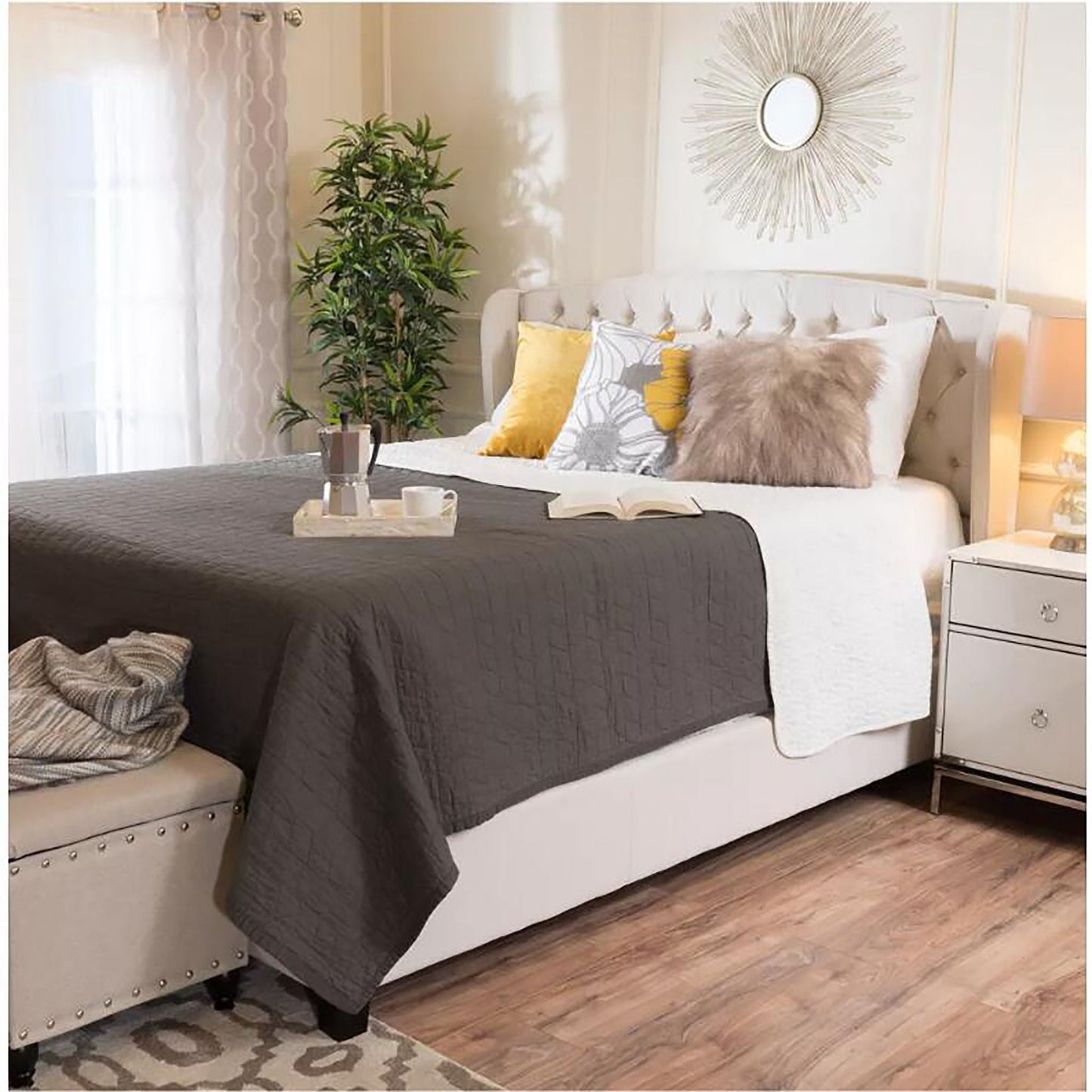 Twilight Fully Upholstered Fabric Wingback Queen Bed - Ivory Noble House