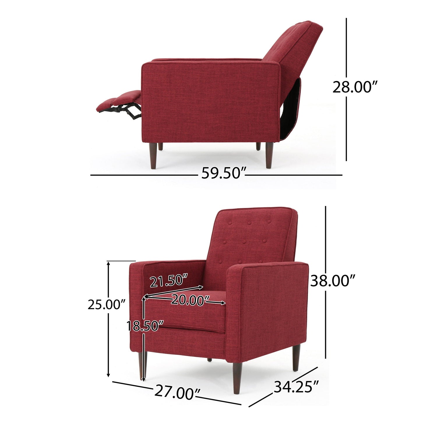 Mid-Century Modern Recliner With Button Tufted Waffle Stitch Noble House