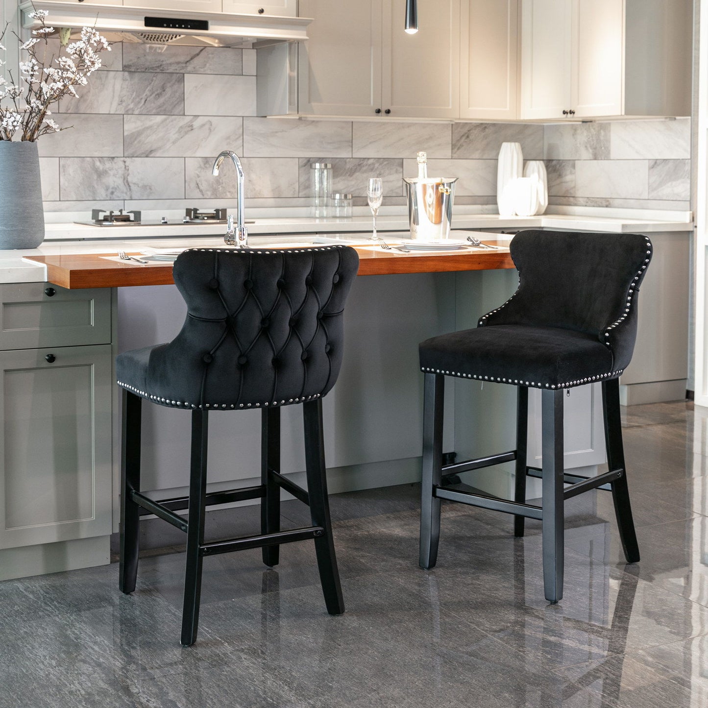 Contemporary Velvet Upholstered Wing-Back Barstools With Button Tufted Decoration And Wooden Legs, And Chrome Nailhead Trim, Leisure Style Bar Chairs, Bar Stools (Set of 2) Home Essentials