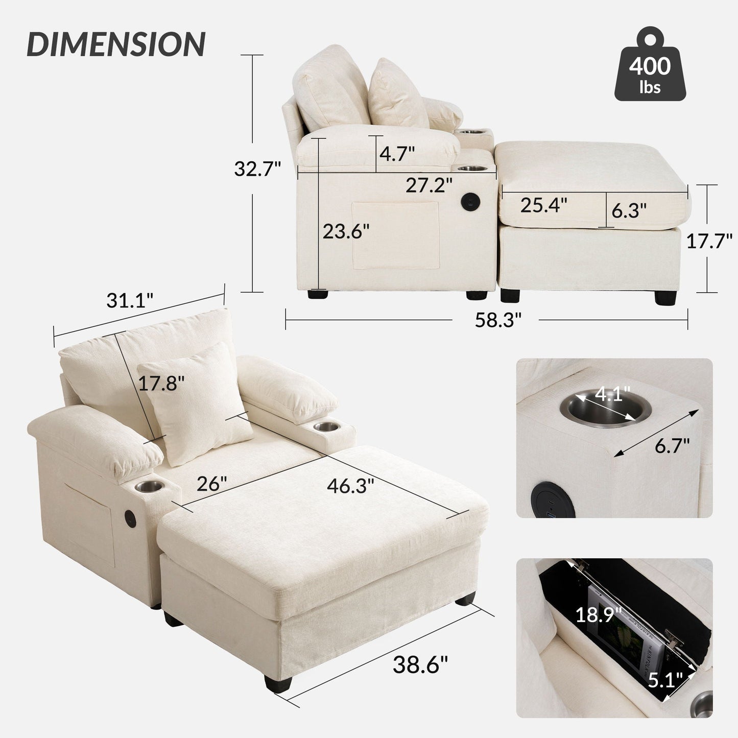 Chenille Fabric Sofa Bed With Cupholders And USB Charging Ports Chair For Living Room Home Essentials