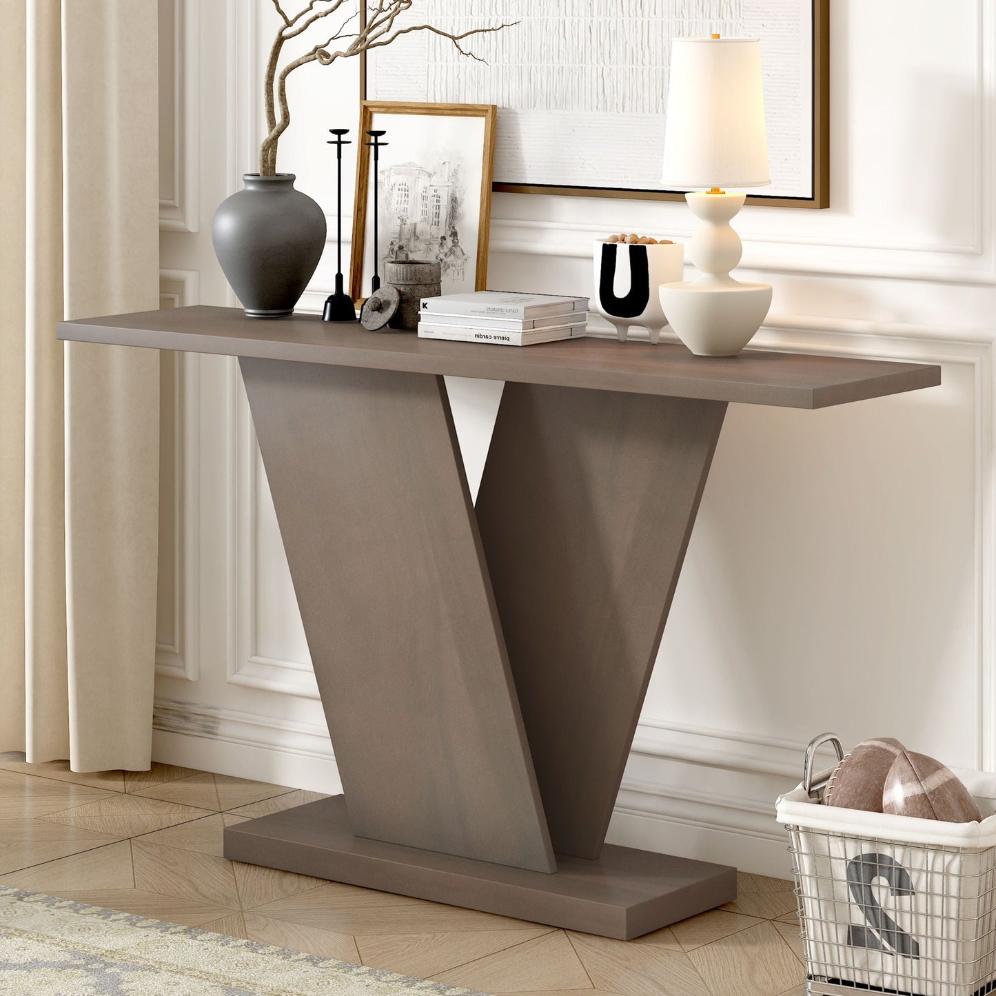 Console Table With V Shape Base, Sculptural Entryway Accent Noble House