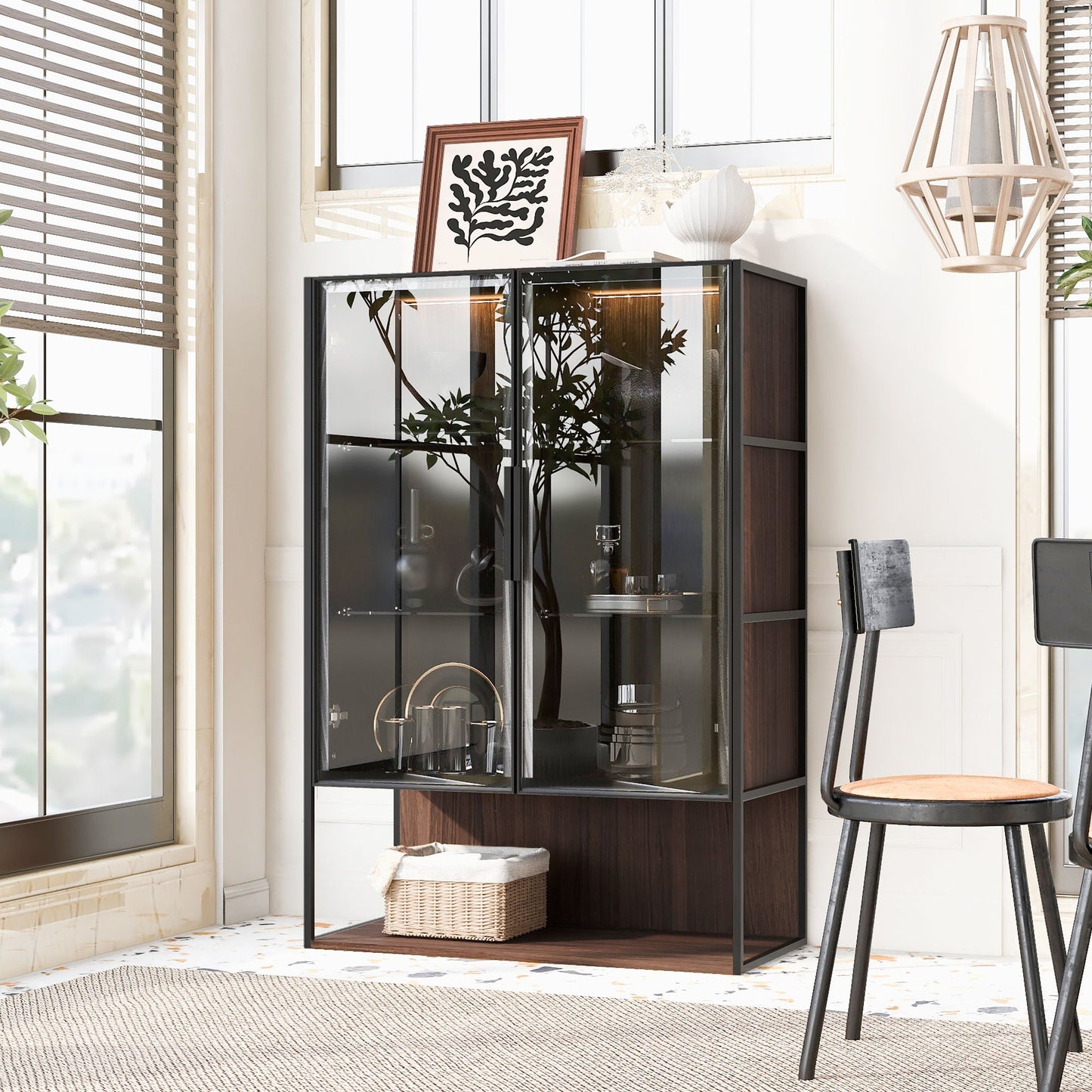 Modern Minimalist Tall Lighted Display Cabinet With Tempered Glass Door - Black / Dark Walnut Hearth and Haven
