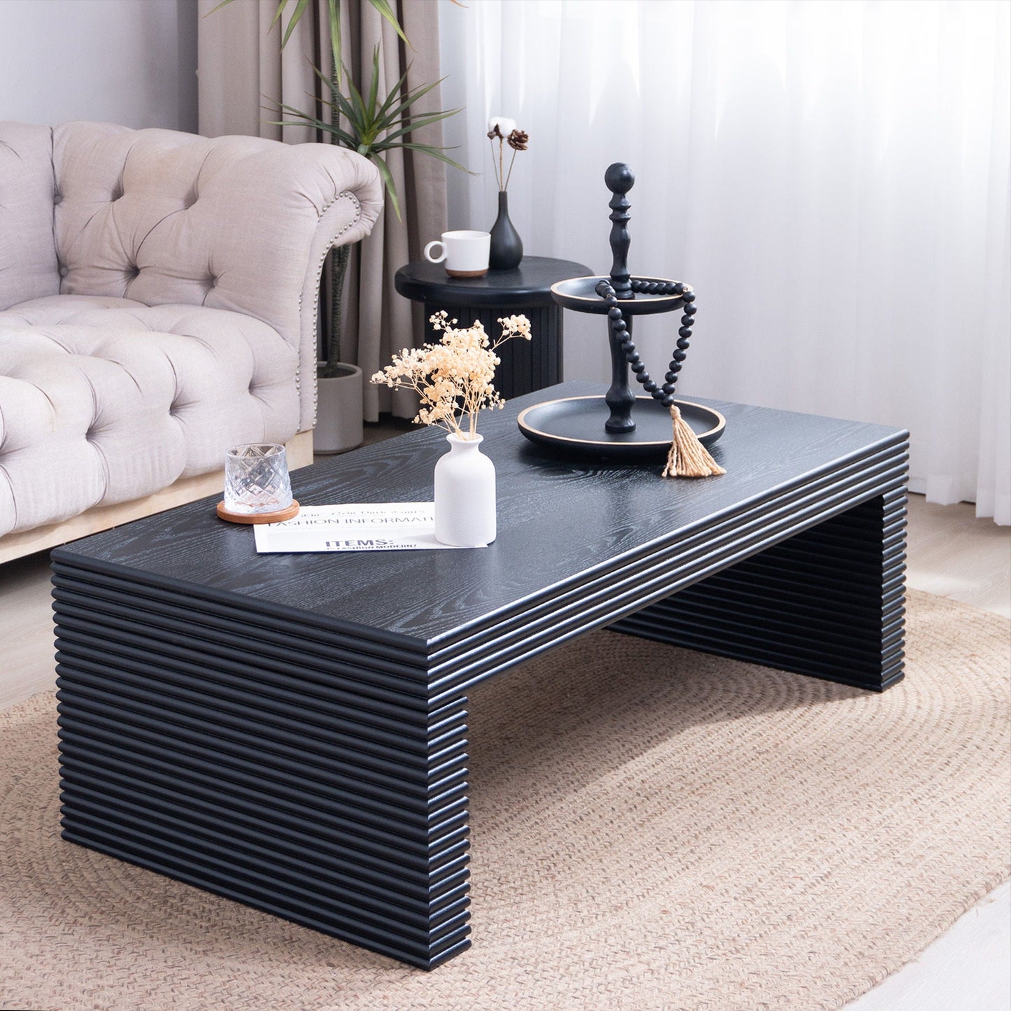 Modern Ribbed Coffee Table, Rectangular Low Profile Center Table For Living Room - Black Home Essentials
