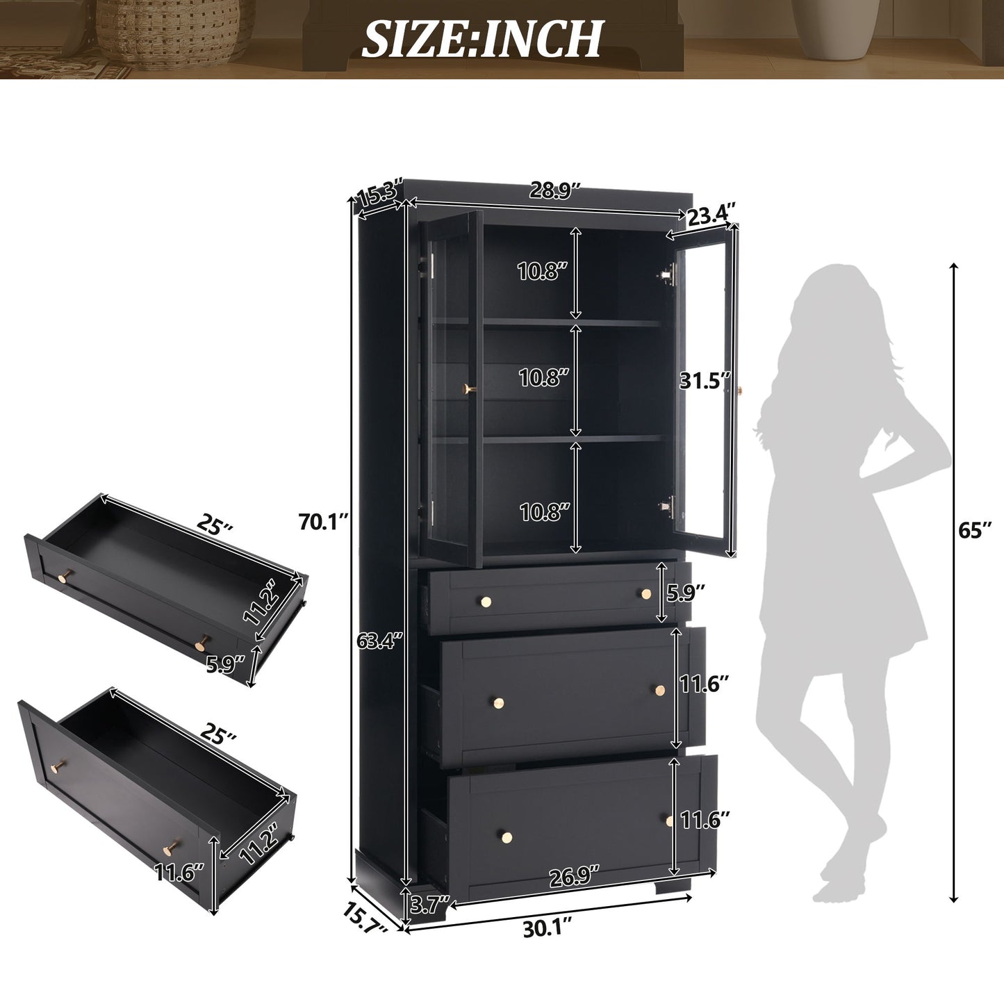 Freestanding Tall Bathroom Cabinet With Adjustable Shelves, Drawers, Soft Close Glass Doors Hearth and Haven