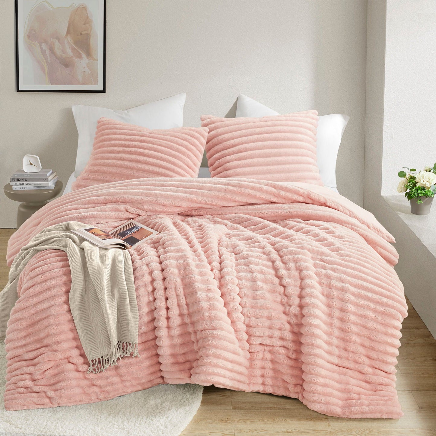 Avril - Full/Queen Fluffy Ribbed Plush Comforter Set - Pink Super Listing