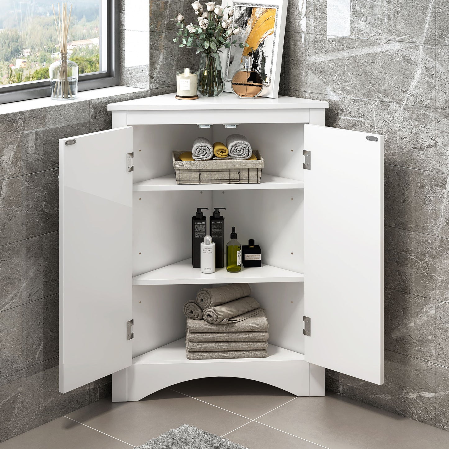 Triangle Bathroom Storage Cabinet With Adjustable Shelves, Freestanding Floor Cabinet For Home Kitchen Hearth and Haven