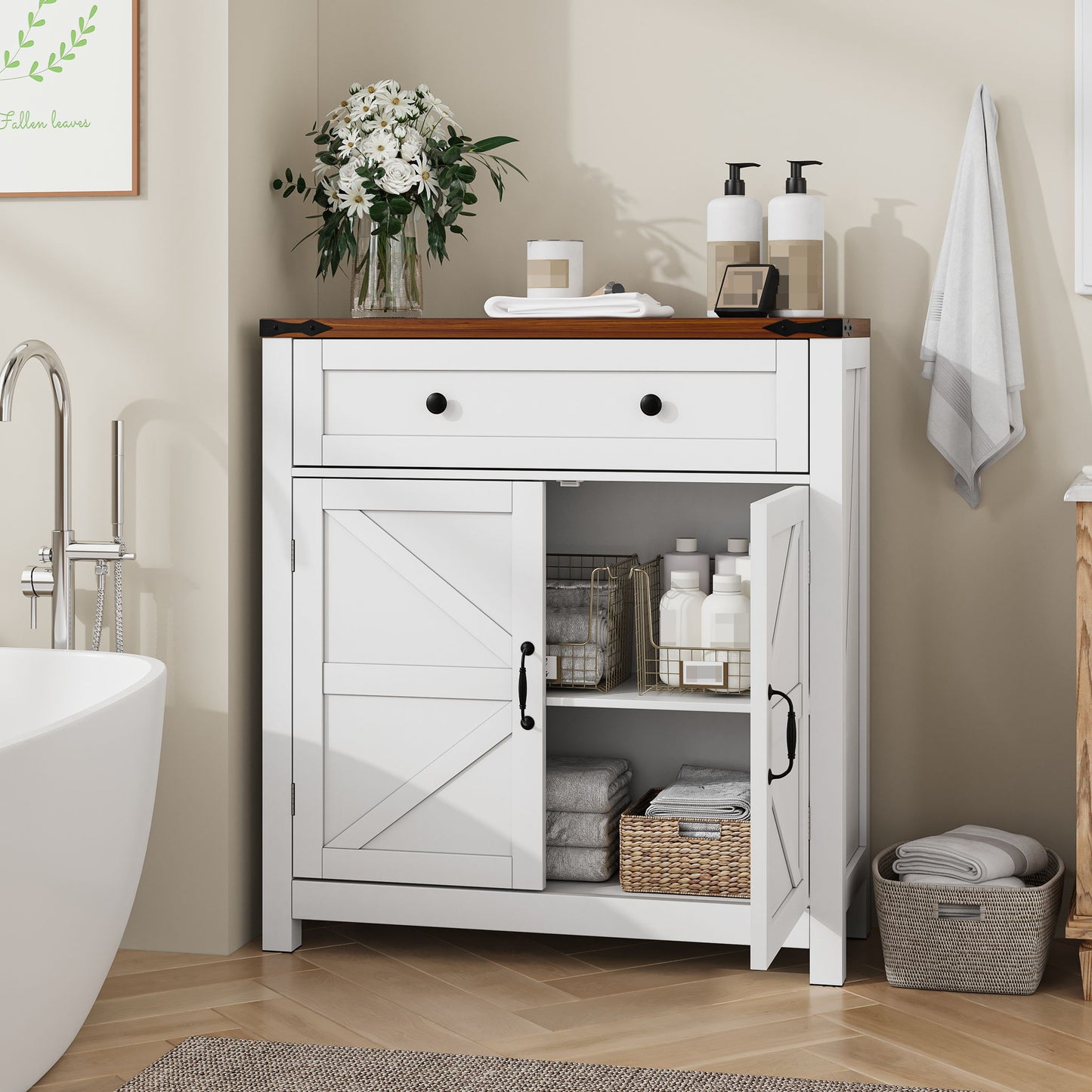 Farmhouse Storage Cabinet With Drawer And Adjustable Shelf Home Essentials
