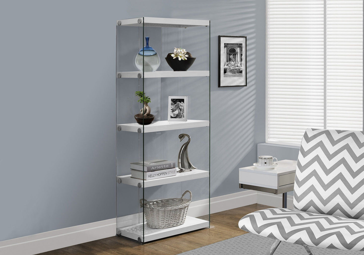 Bookshelf, Bookcase, Etagere, 5 Tier, Glossy Clear Tempered Glass - White 8th Street