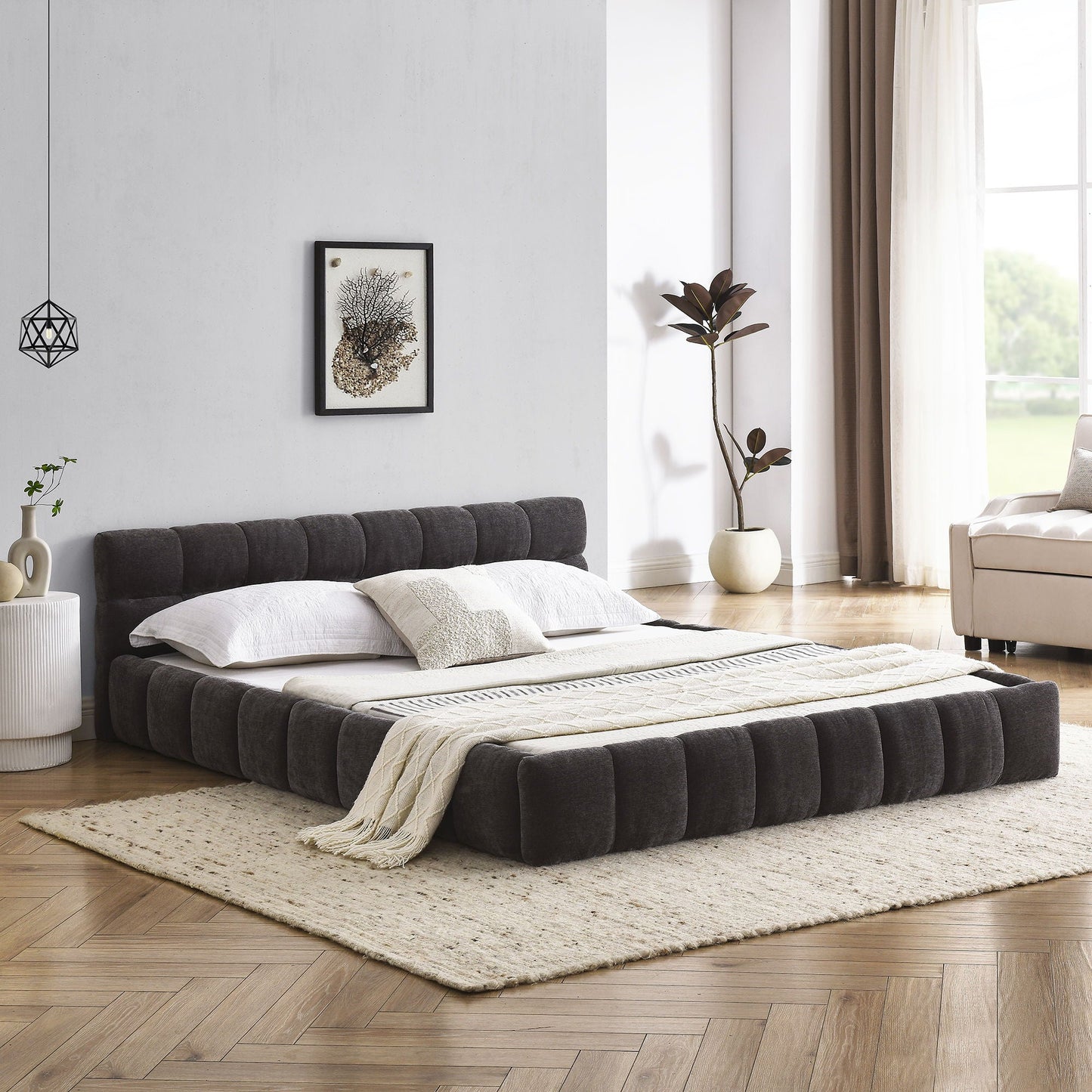Modern Platform Bed Frame With Thick Chenille Fabric Home Essentials