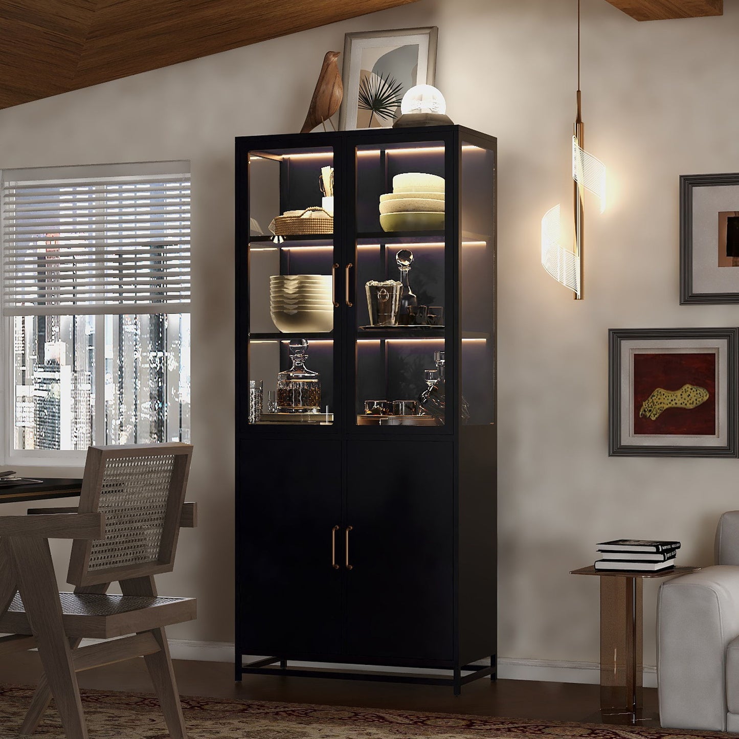 Modern Style Tall Steel Display Cabinet With Double Glass Doors, LED Lights Hearth and Haven