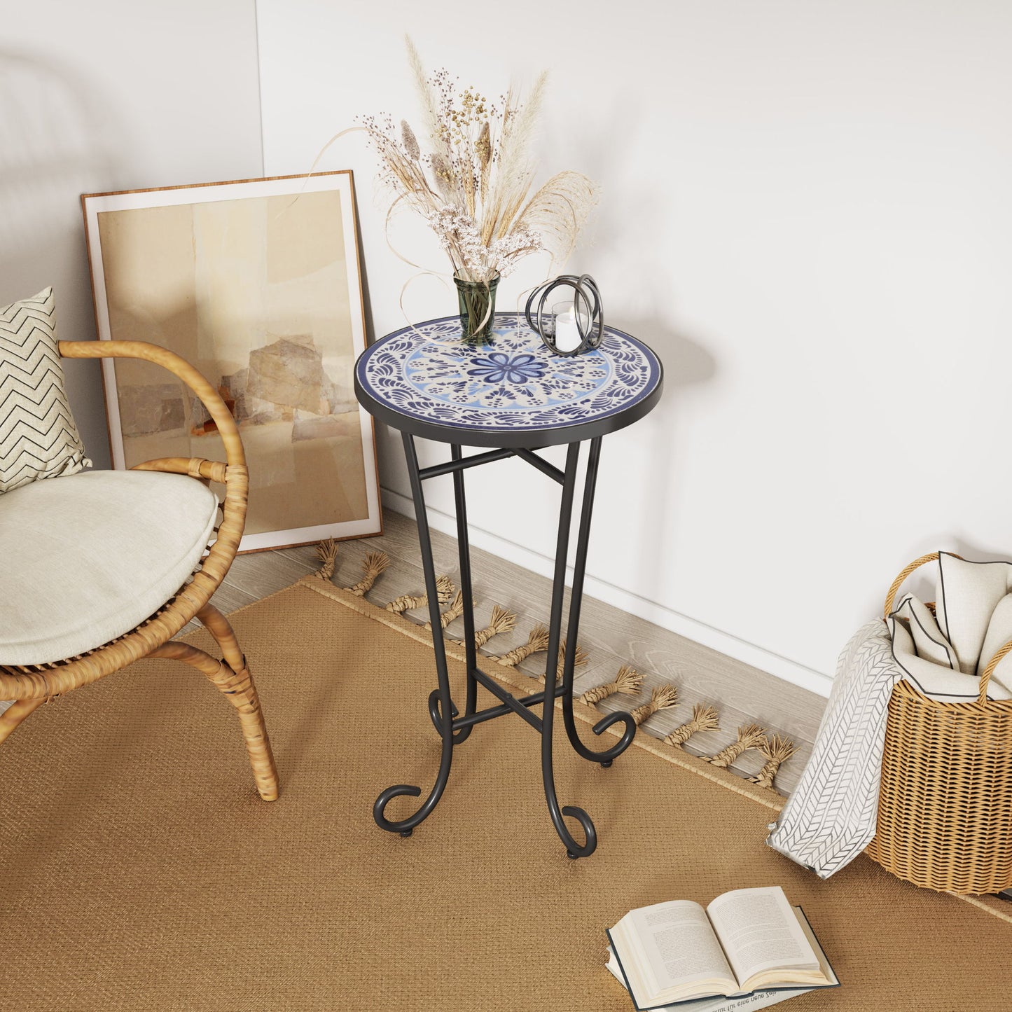 French Country Patio Side Table With Vibrant Tile Top Noble House