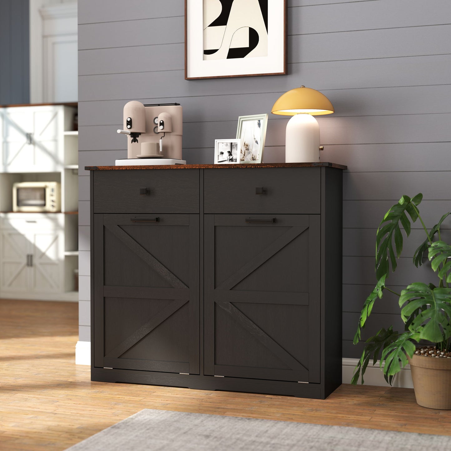 Double Tilt Out Trash Cabinet With Hideaway Drawer And Barn Door Style Home Essentials