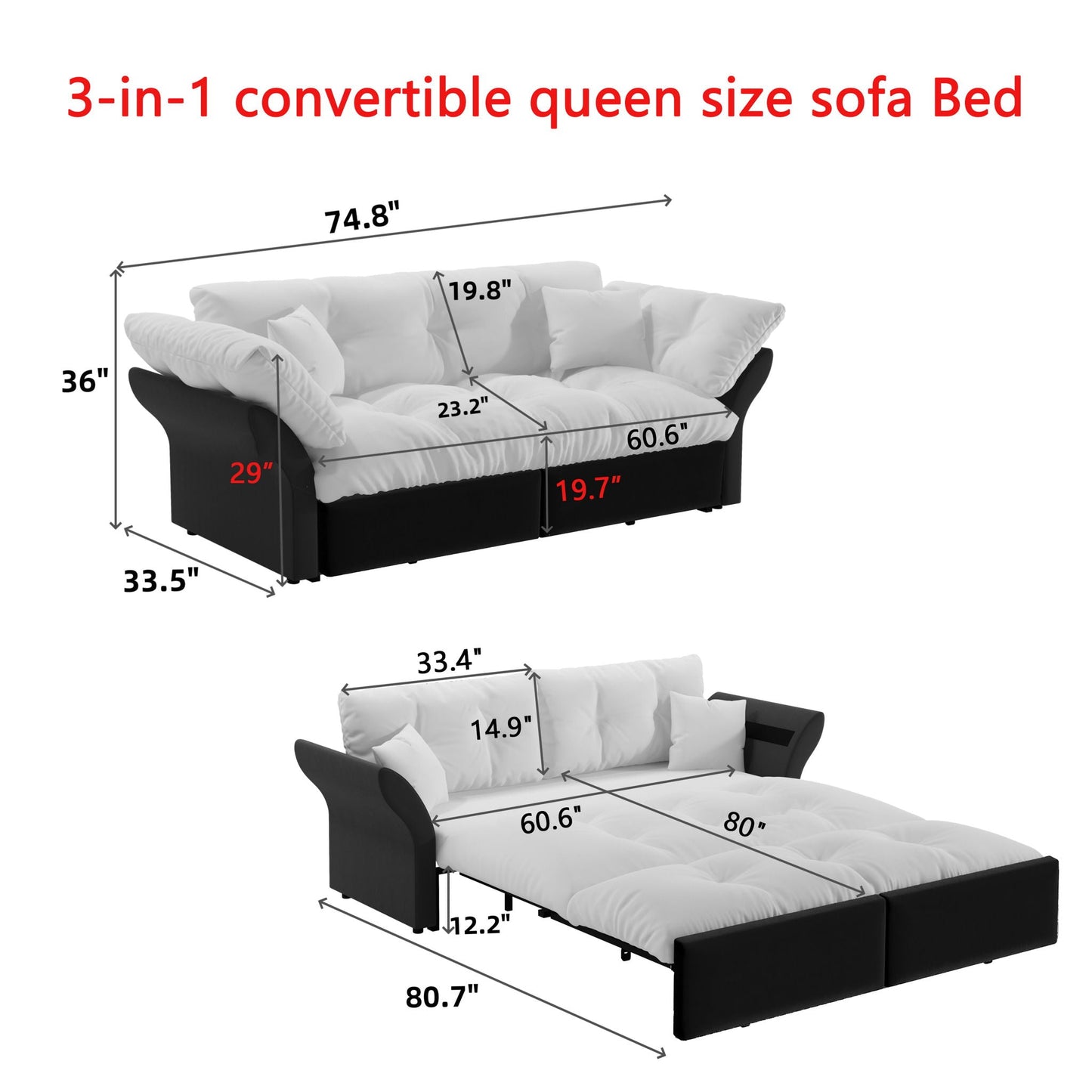 Queen Pull Out Sofa Bed, 3 In 1 Convertible Sleeper Tufted With 2 Soft Pillows Home Essentials