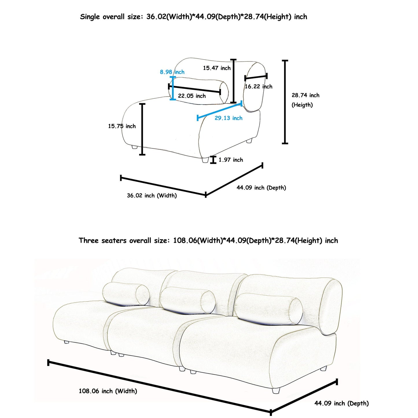 Contemporary Modular 3 Seat Sectional With Deep Seating, Soft Backrest Home Essentials