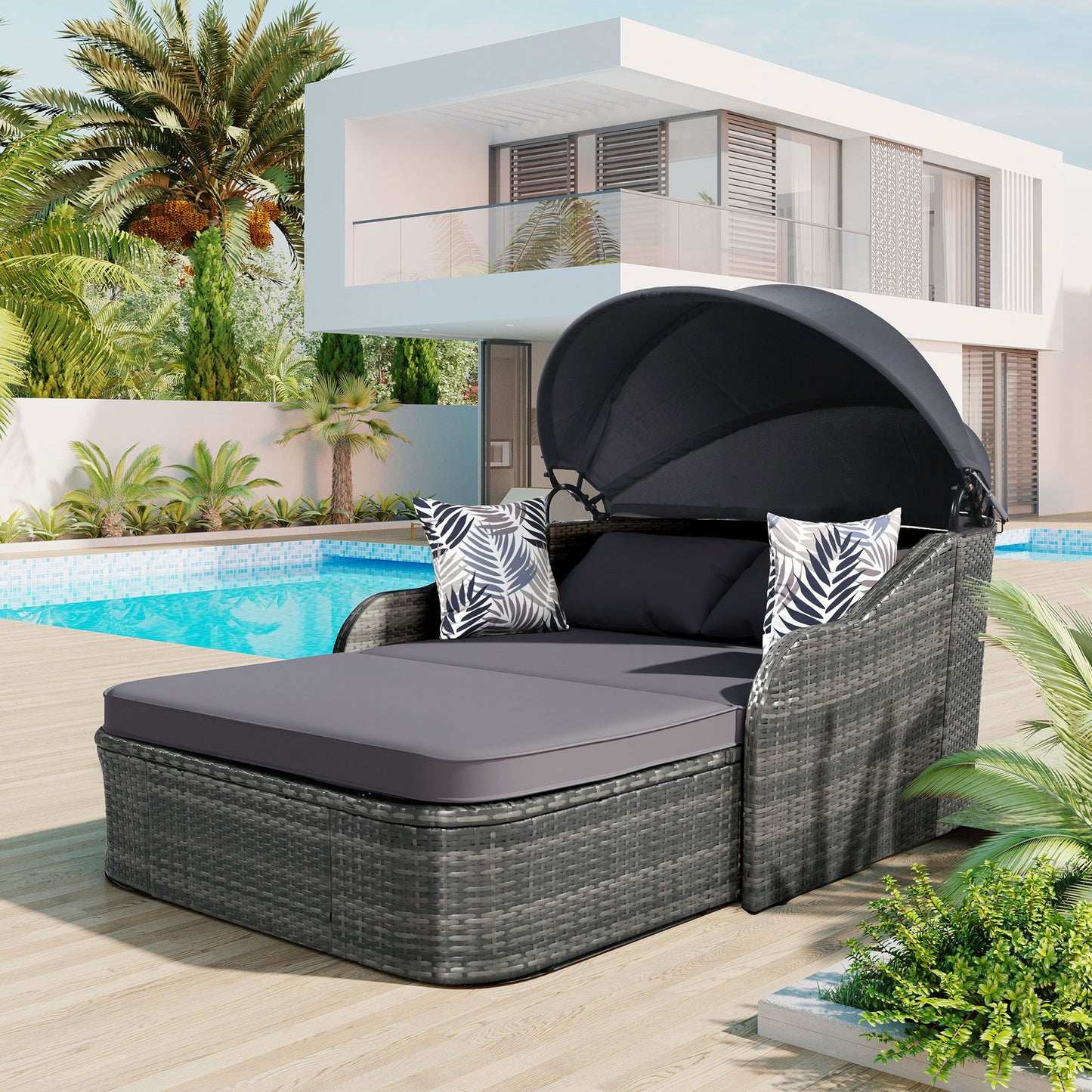 Outdoor Sunbed With Adjustable Canopy, Daybed With Pillows, Double Lounge, PE Rattan Daybed Hearth and Haven