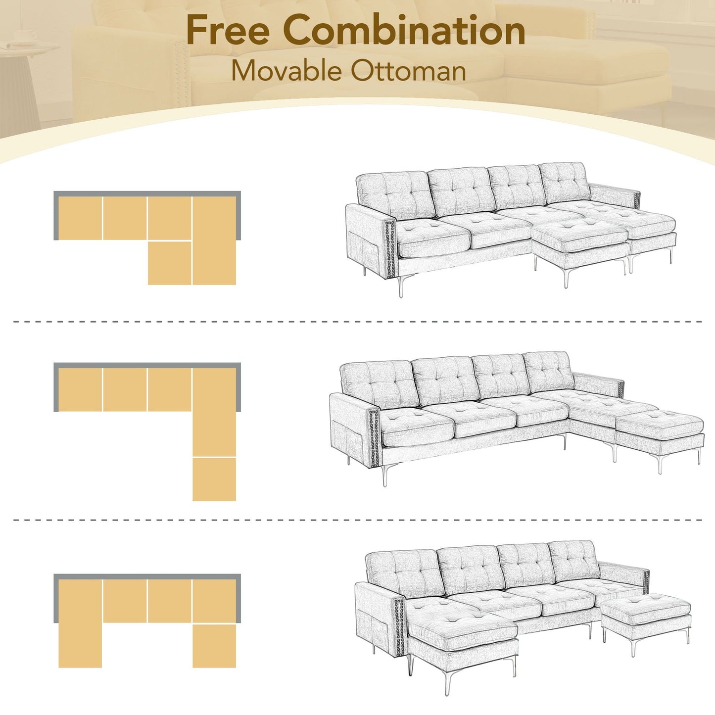 Modern L - Shape Convertible Sectional Sofa With Movable Ottoman - Snoozhouse