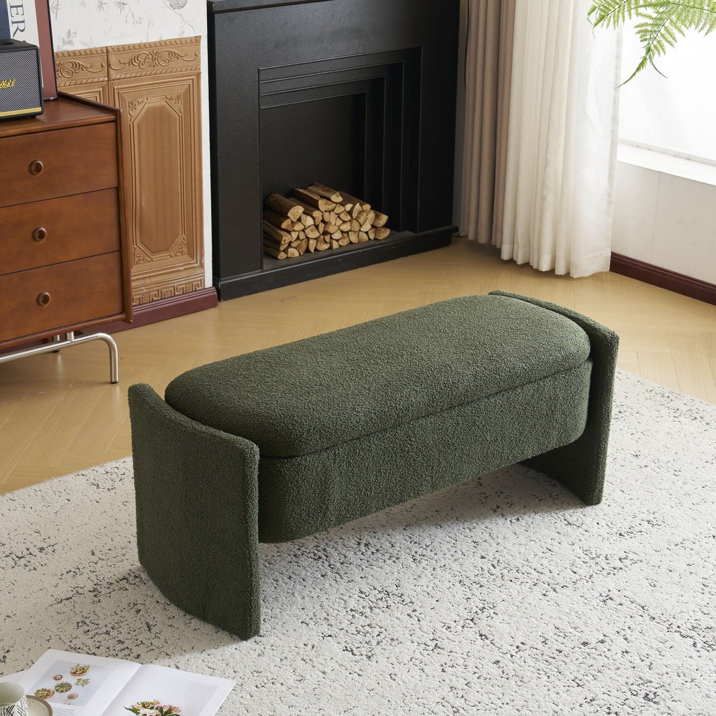 Elegant Long Shaped Storage Ottoman Bench, Boucle Material, Simple And Grand Design - Dark Green Noble House
