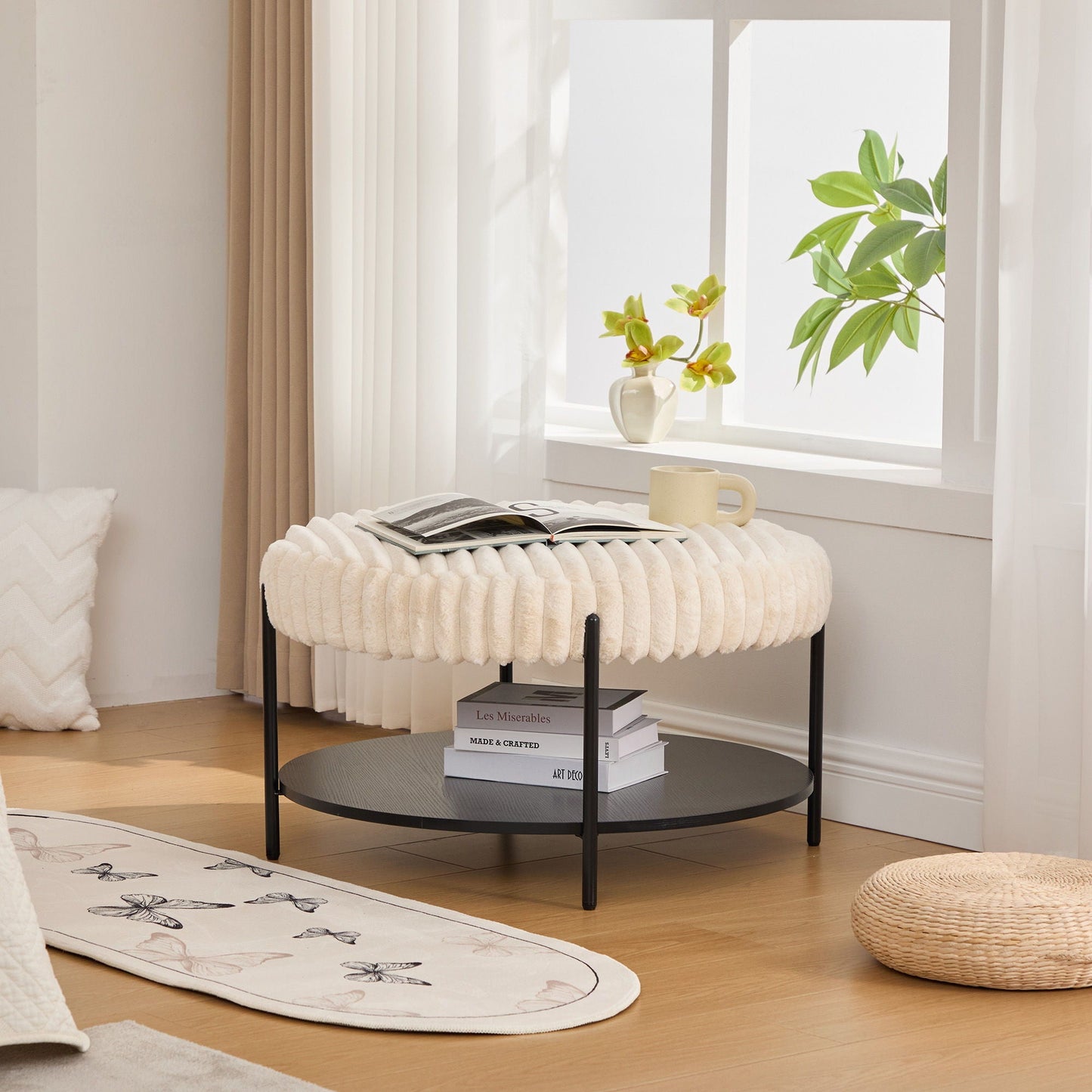 Modern Upholstered Round Ottoman Coffee Table With Storage Shelf Home Essentials